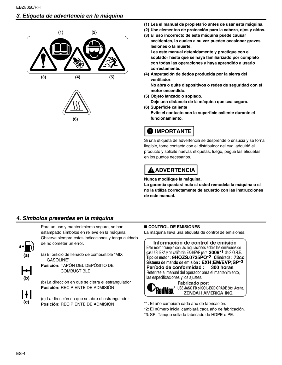 RedMax EBZ8050RH manual Etiqueta de advertencia en la máquina, Símbolos presentes en la máquina, Control DE Emisiones 