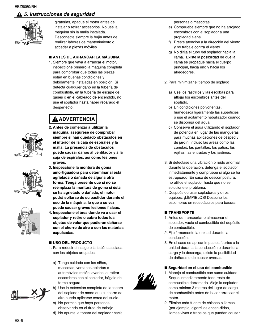 RedMax EBZ8050RH manual Antes DE Arrancar LA Máquina, USO DEL Producto, Transporte, Seguridad en el uso del combusible 