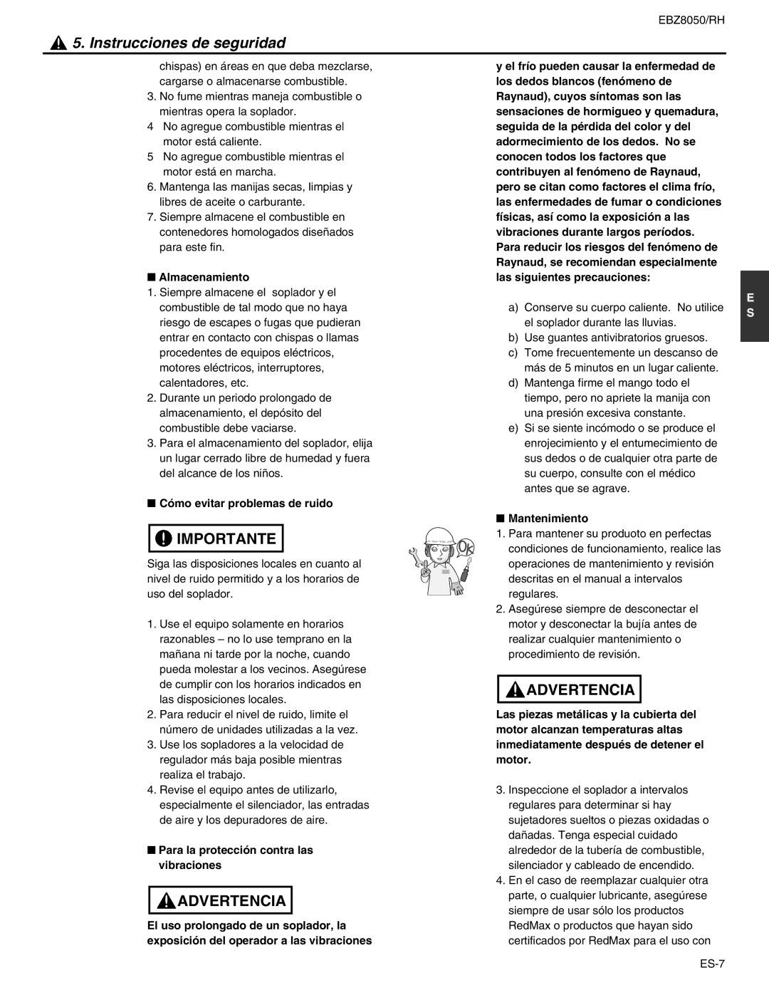 RedMax EBZ8050RH Almacenamiento, Cómo evitar problemas de ruido, Para la protección contra las vibraciones, Mantenimiento 