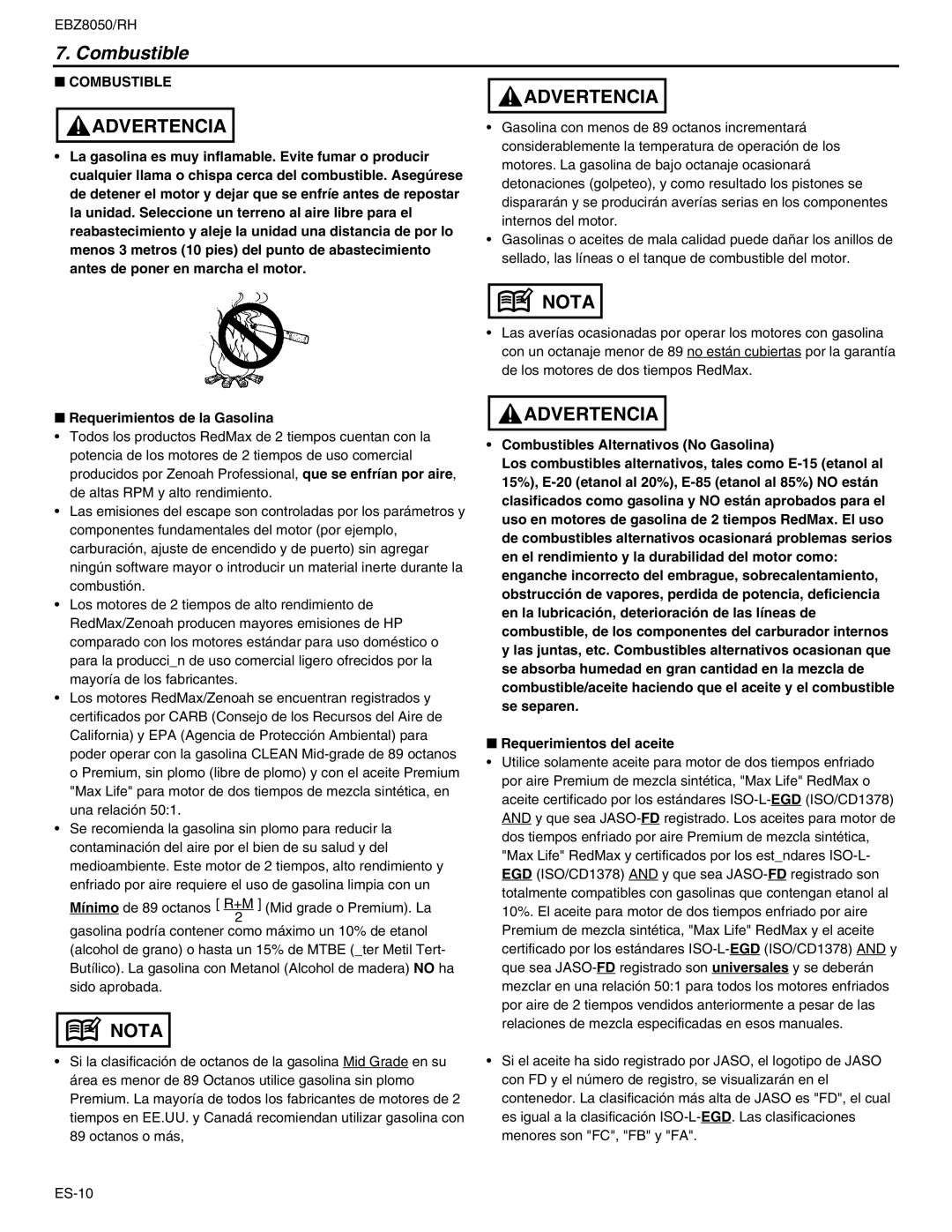 RedMax EBZ8050RH manual Combustible, Requerimientos de la Gasolina 