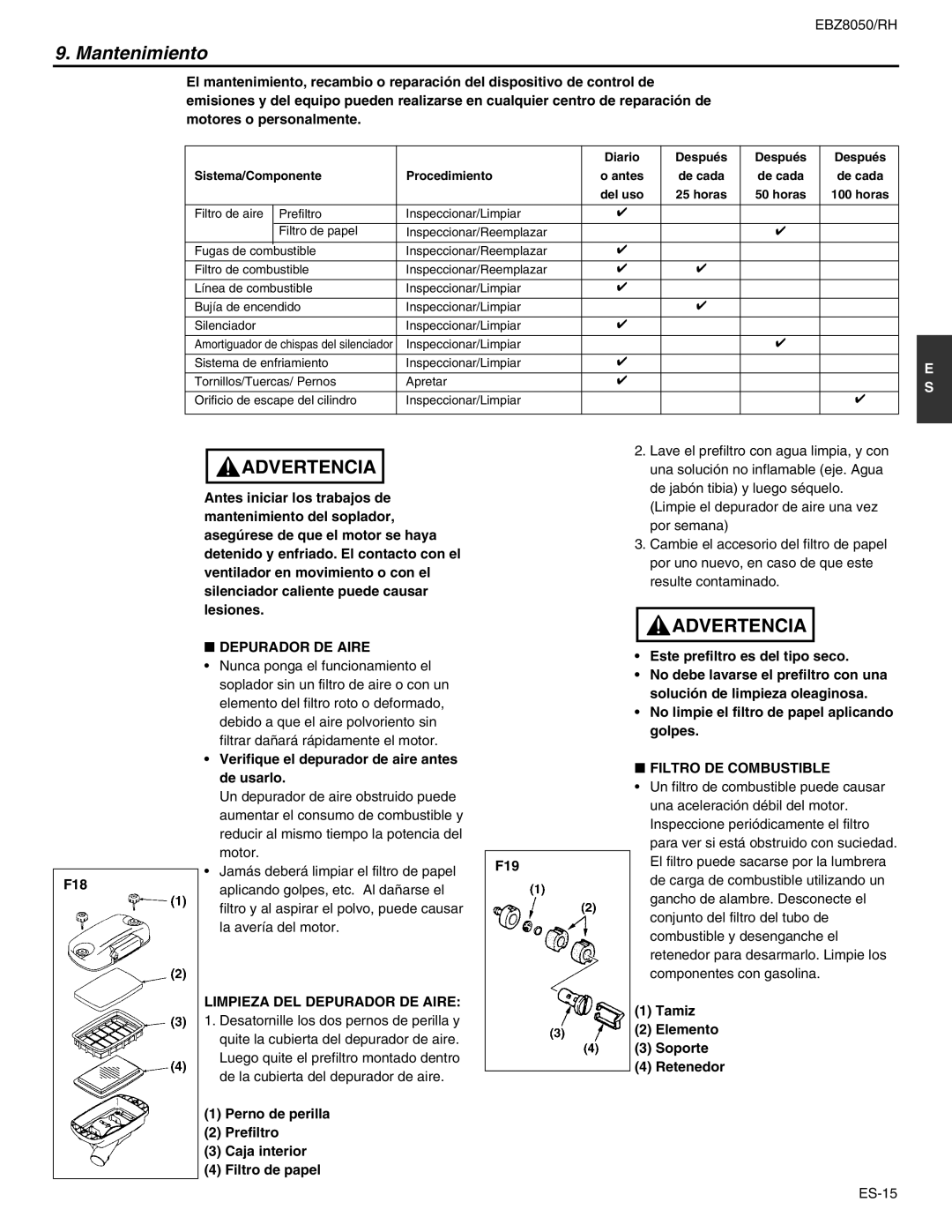 RedMax EBZ8050RH manual Mantenimiento, Limpieza DEL Depurador DE Aire, Filtro DE Combustible 