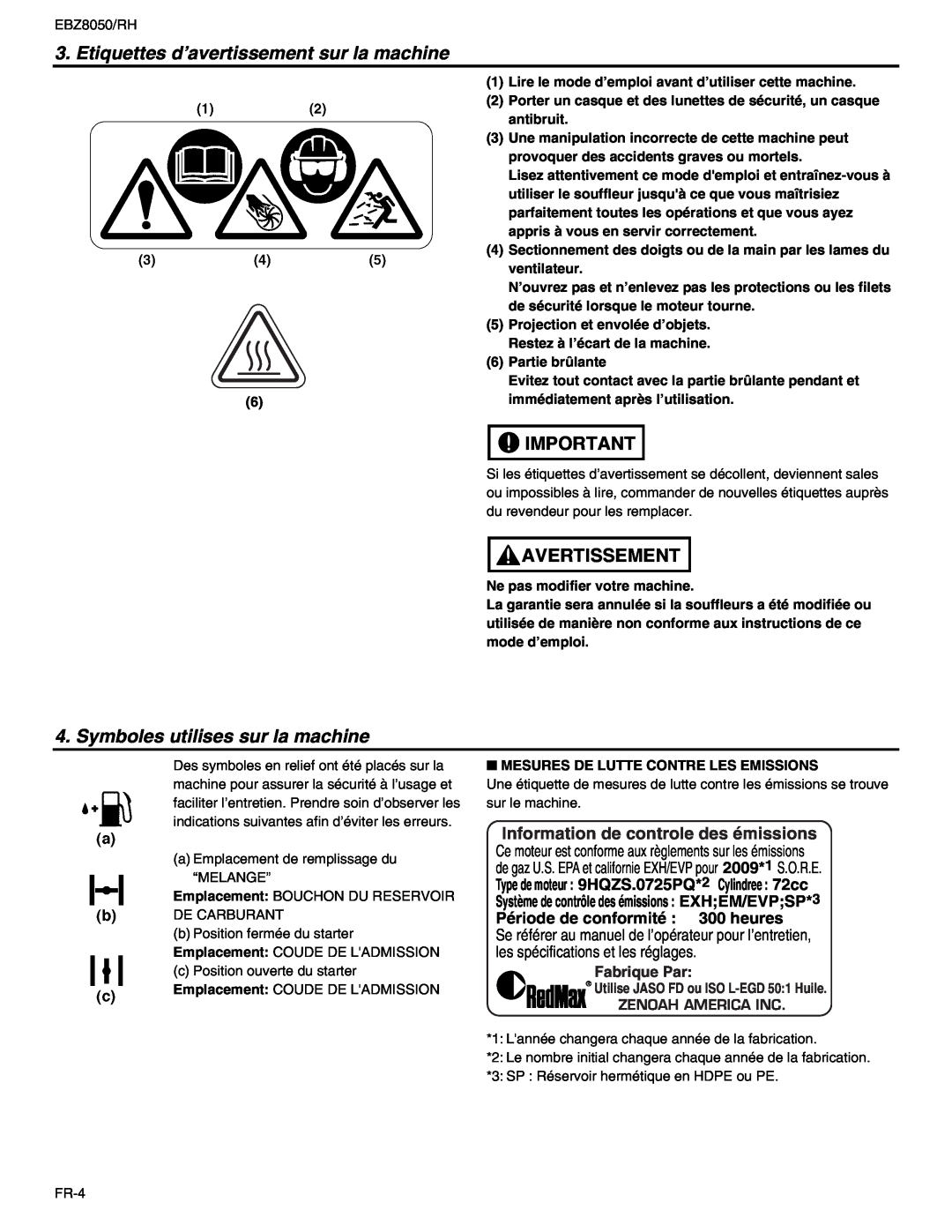 RedMax EBZ8050 Etiquettes d’avertissement sur la machine, Symboles utilises sur la machine, Fabrique Par, Avertissement 