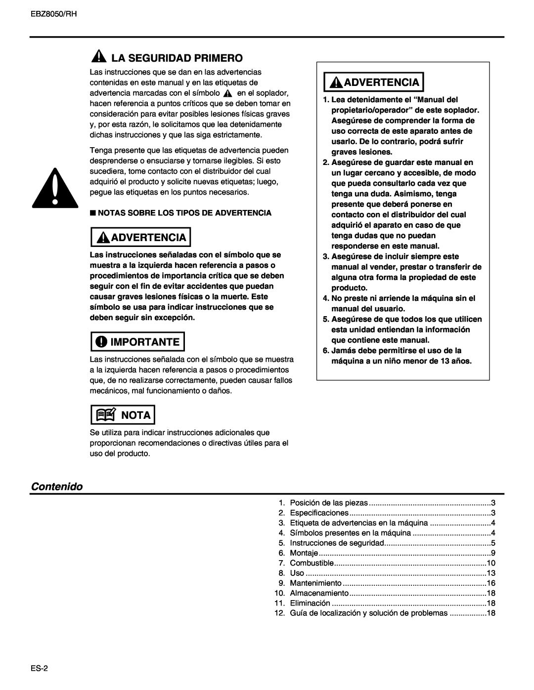 RedMax EBZ8050RH manual La Seguridad Primero, Advertencia, Importante, Nota, Contenido 
