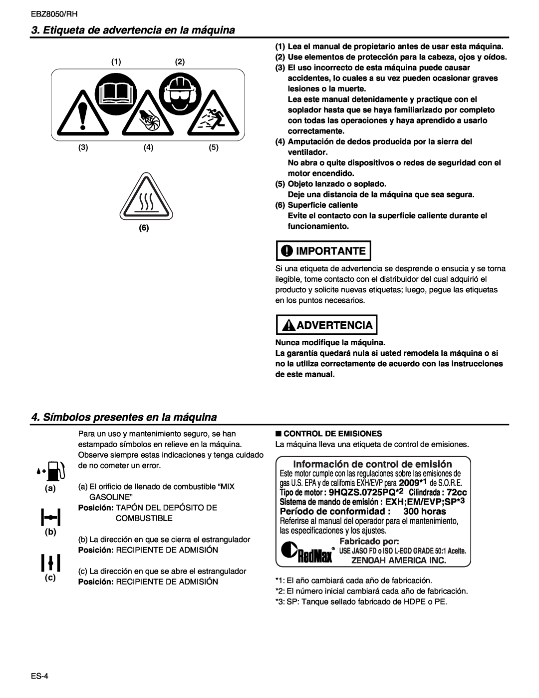 RedMax EBZ8050 manual Etiqueta de advertencia en la máquina, 4. Símbolos presentes en la máquina, Fabricado por, Importante 