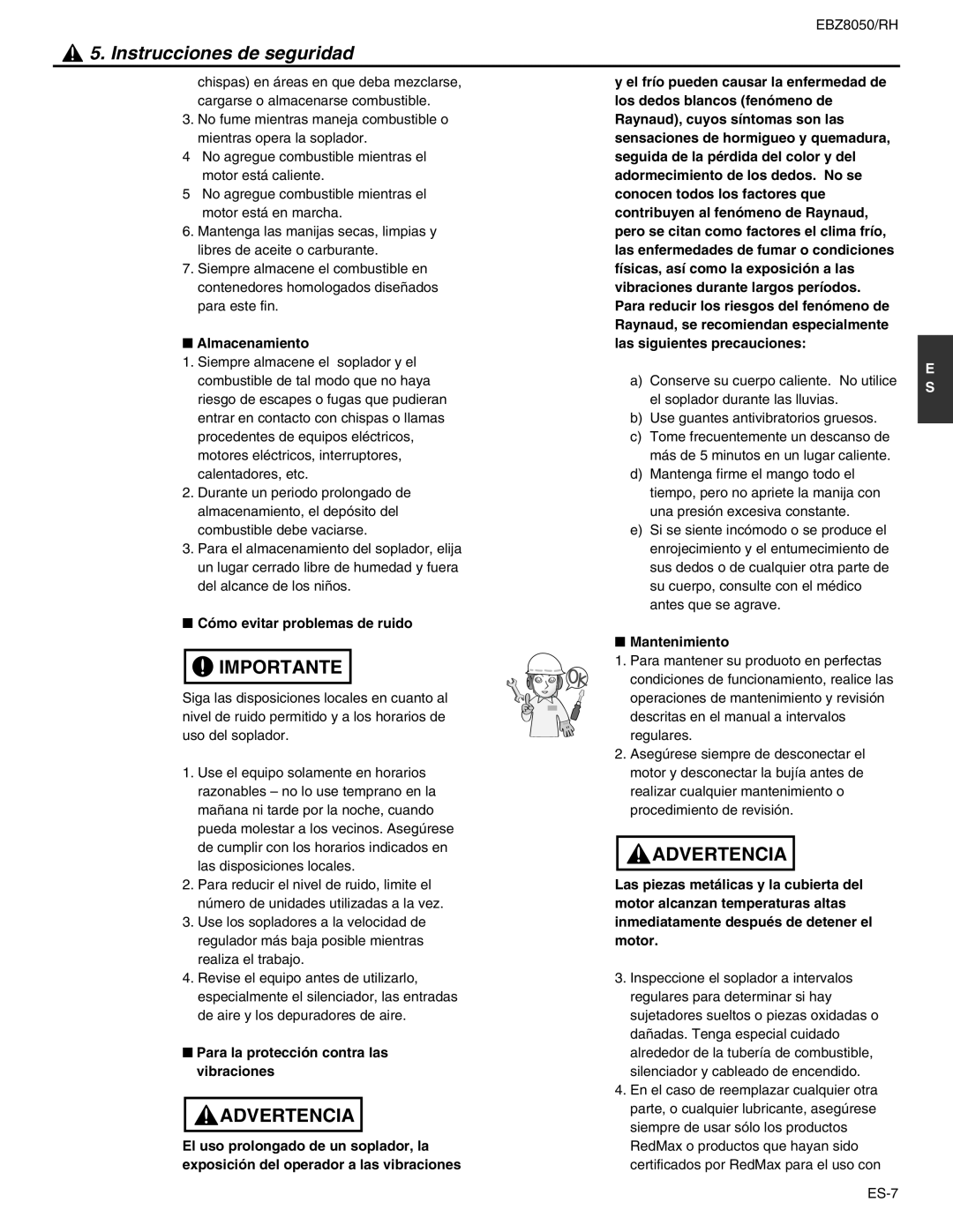 RedMax EBZ8050RH manual Instrucciones de seguridad, Importante, Advertencia, Almacenamiento, Cómo evitar problemas de ruido 