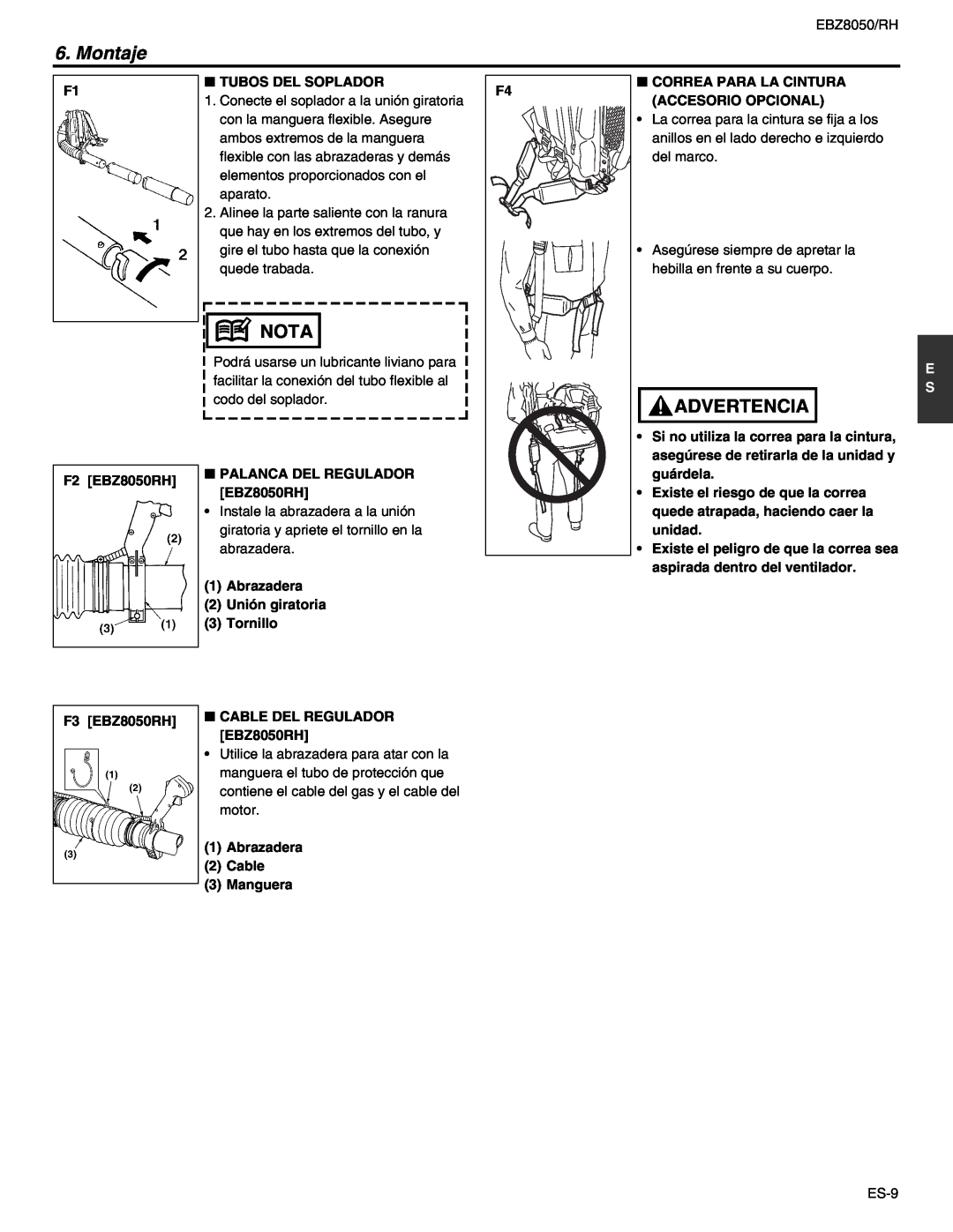 RedMax EBZ8050RH manual Montaje, Nota, Advertencia 