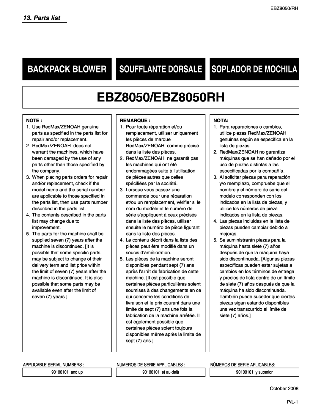 RedMax manual Backpack Blower Soufflante Dorsale Soplador De Mochila, Parts list, EBZ8050/EBZ8050RH 