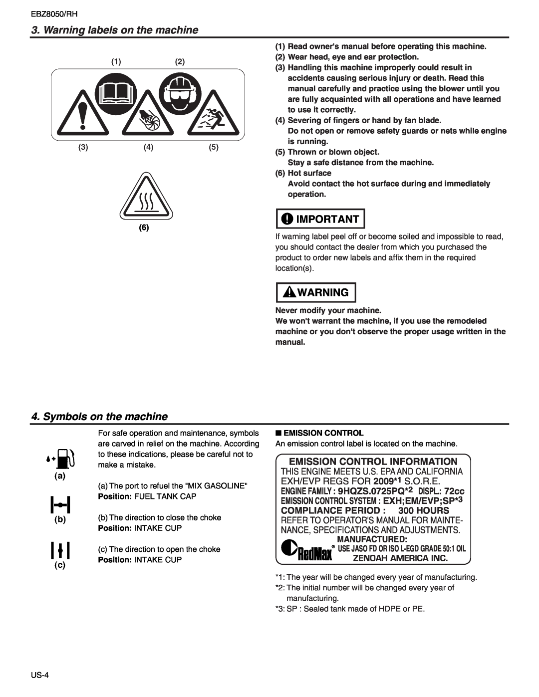 RedMax EBZ8050RH manual Warning labels on the machine, Symbols on the machine, Emission Control Information 