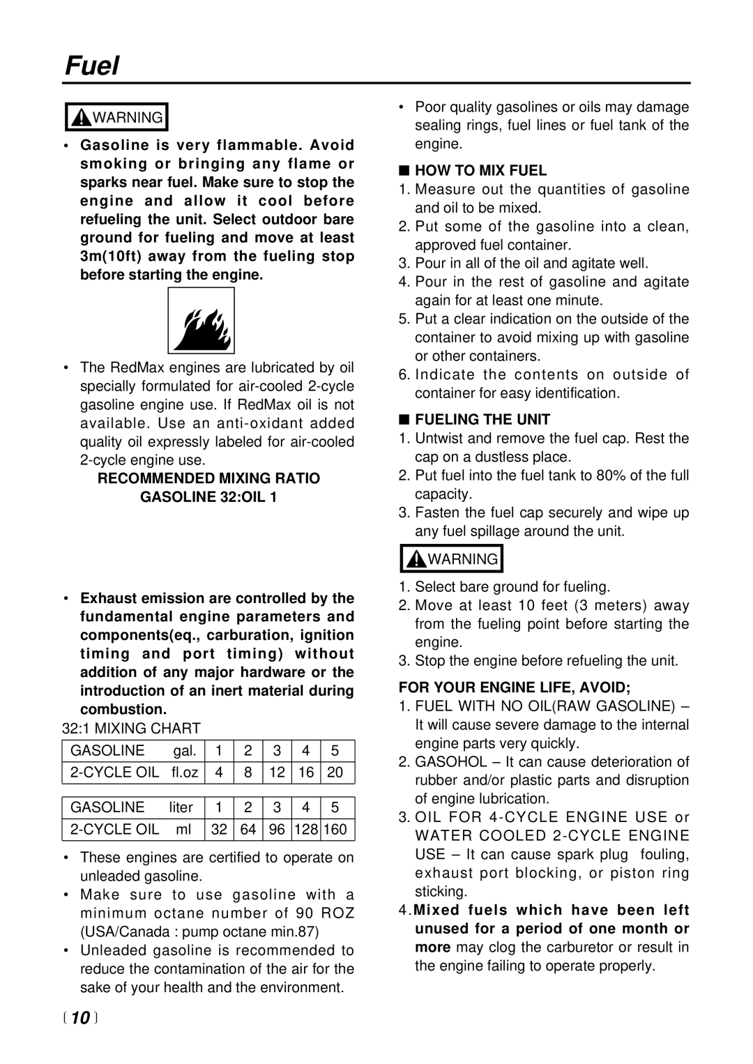 RedMax EDG2300 Recommended Mixing Ratio Gasoline 32OIL, HOW to MIX Fuel, Fueling the Unit, For Your Engine LIFE, Avoid 