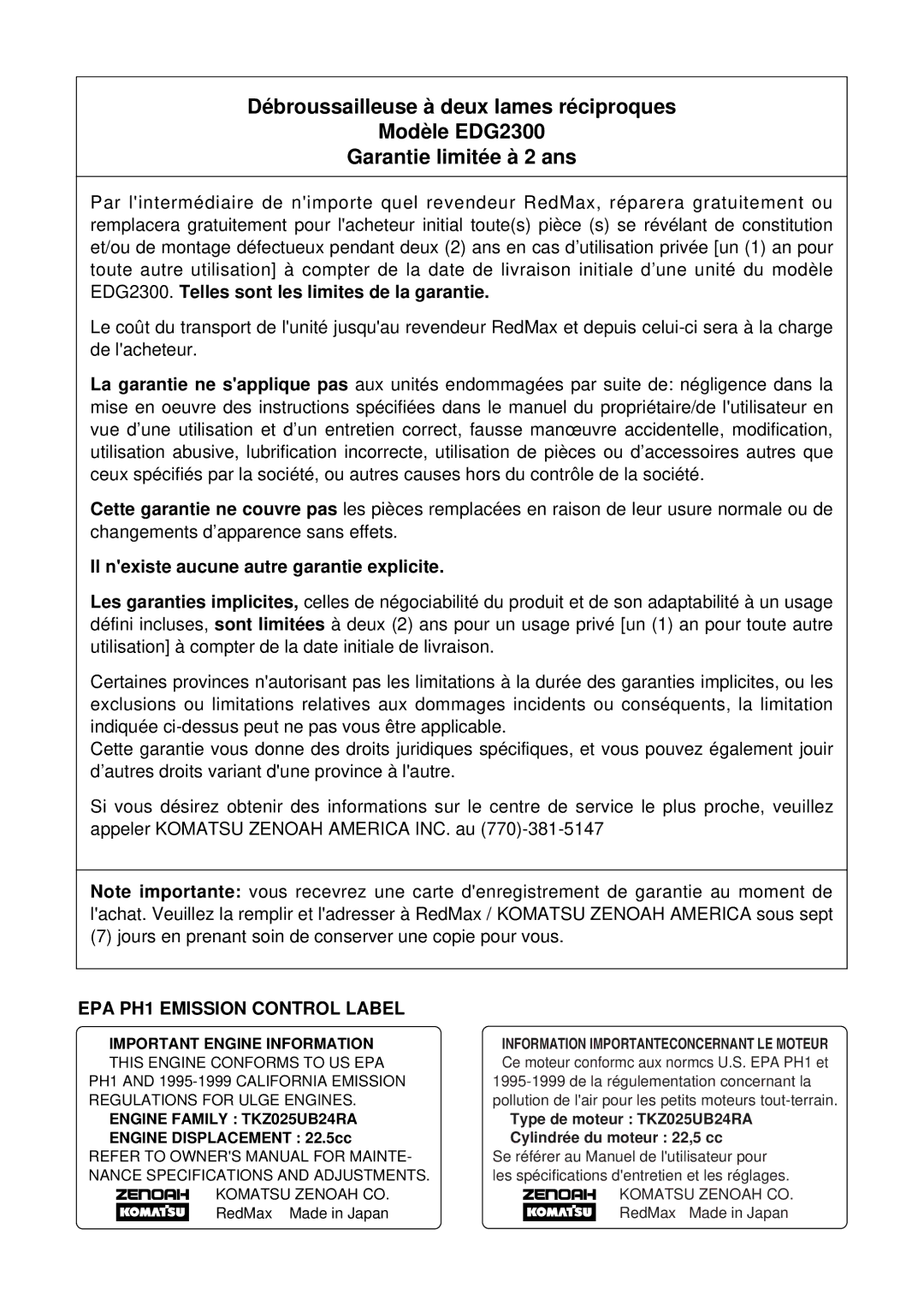 RedMax EDG2300 manual Il nexiste aucune autre garantie explicite, EPA PH1 Emission Control Label 