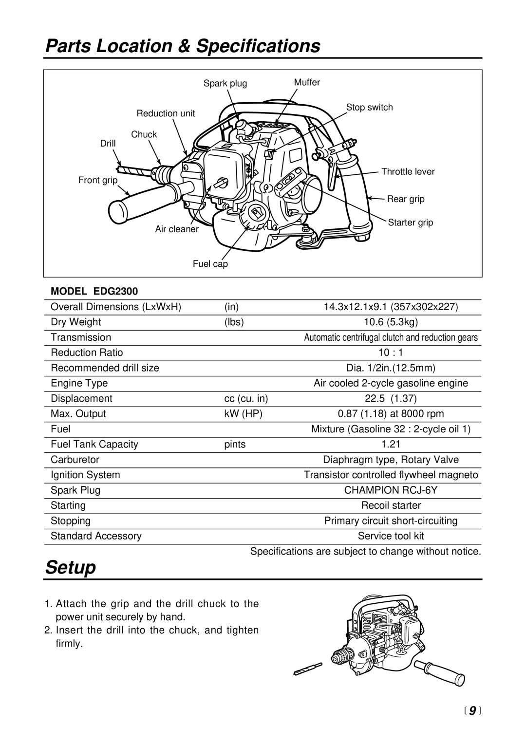 RedMax manual Parts Location & Specifications, Setup, Model EDG2300 