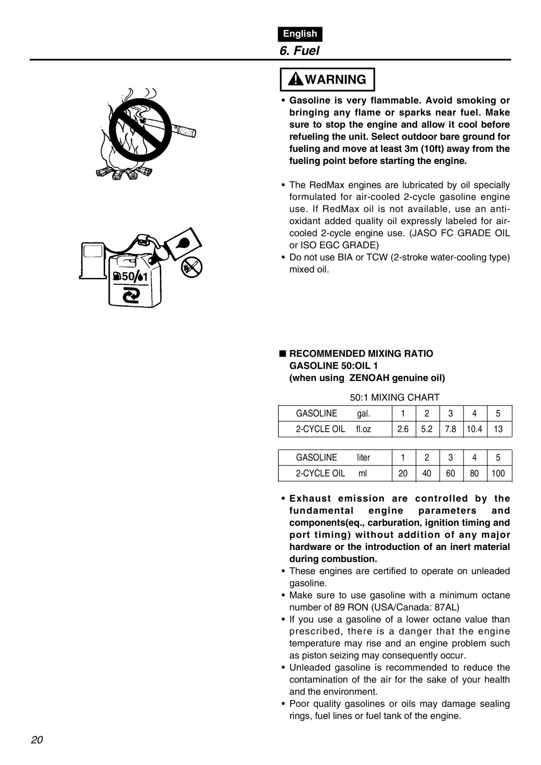 RedMax EDG2300R manual Fuel, Recommended Mixing Ratio Gasoline 50OIL, When using Zenoah genuine oil 