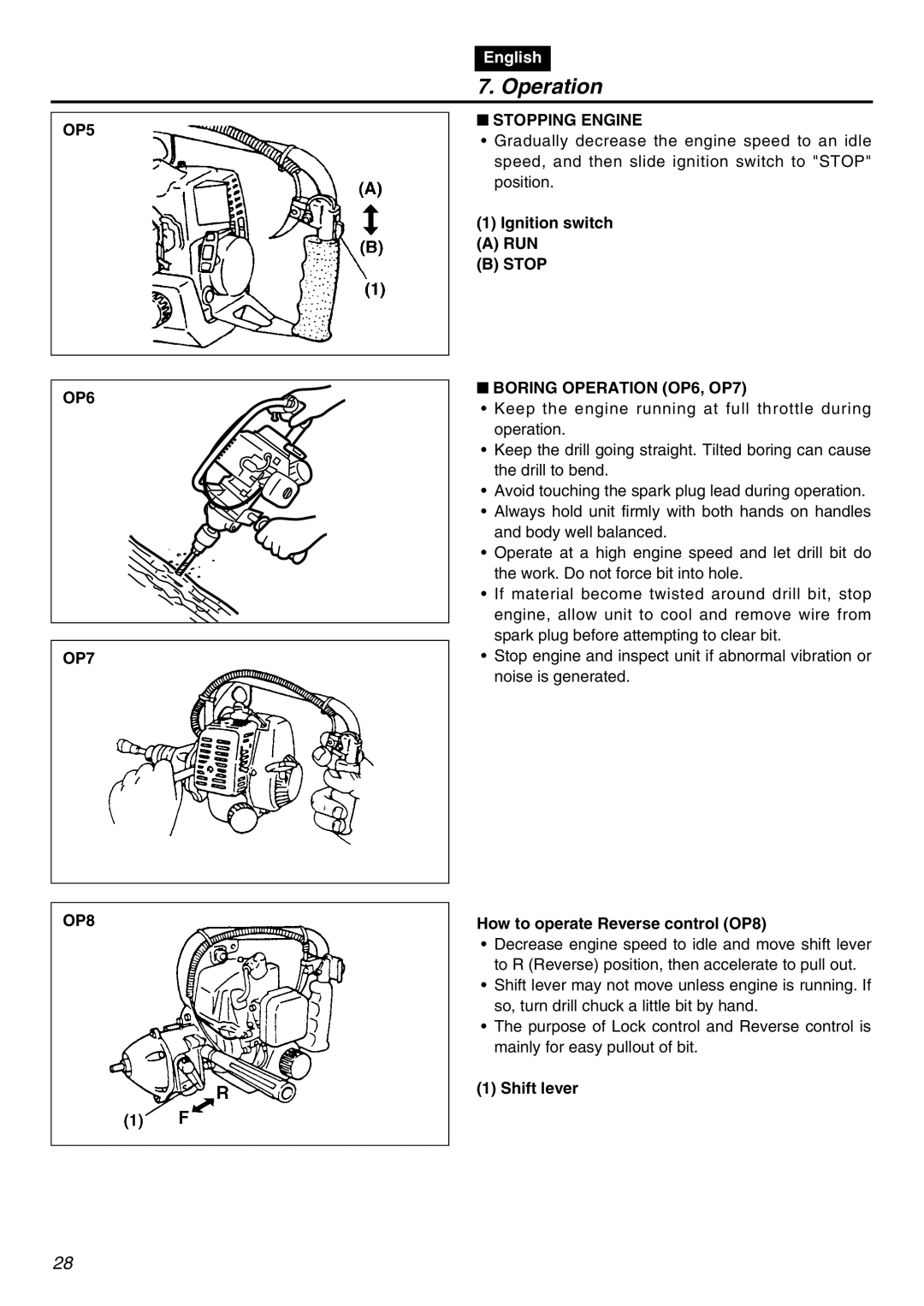 RedMax EDG2300R OP5 OP6 OP7 OP8, Stopping Engine, RUN Stop Boring Operation OP6, OP7, How to operate Reverse control OP8 