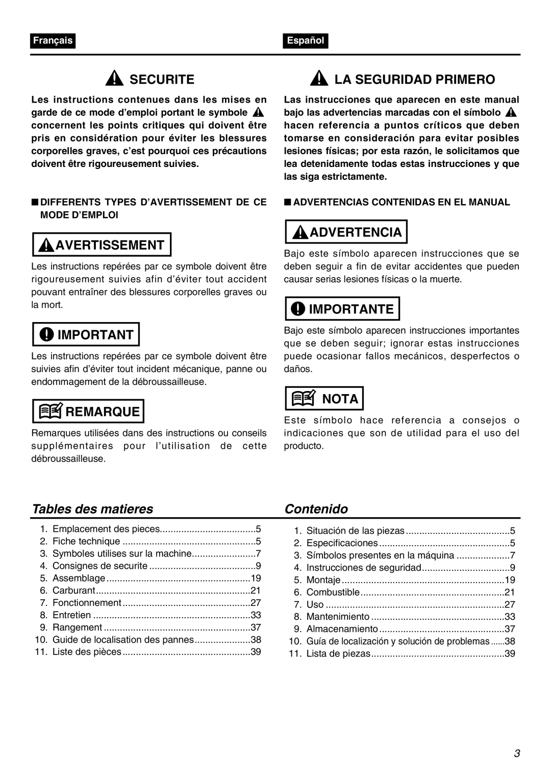 RedMax EDG2300R manual Tables des matieres Contenido, Differents Types D’AVERTISSEMENT DE CE Mode D’EMPLOI 