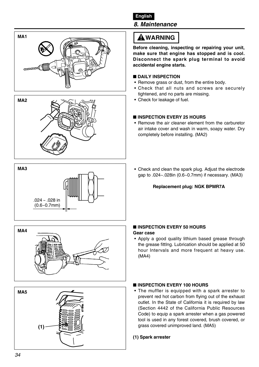 RedMax EDG2300R manual MA1 MA2, Daily Inspection, Inspection Every 25 Hours, MA3, MA4 MA5, Inspection Every 100 Hours 