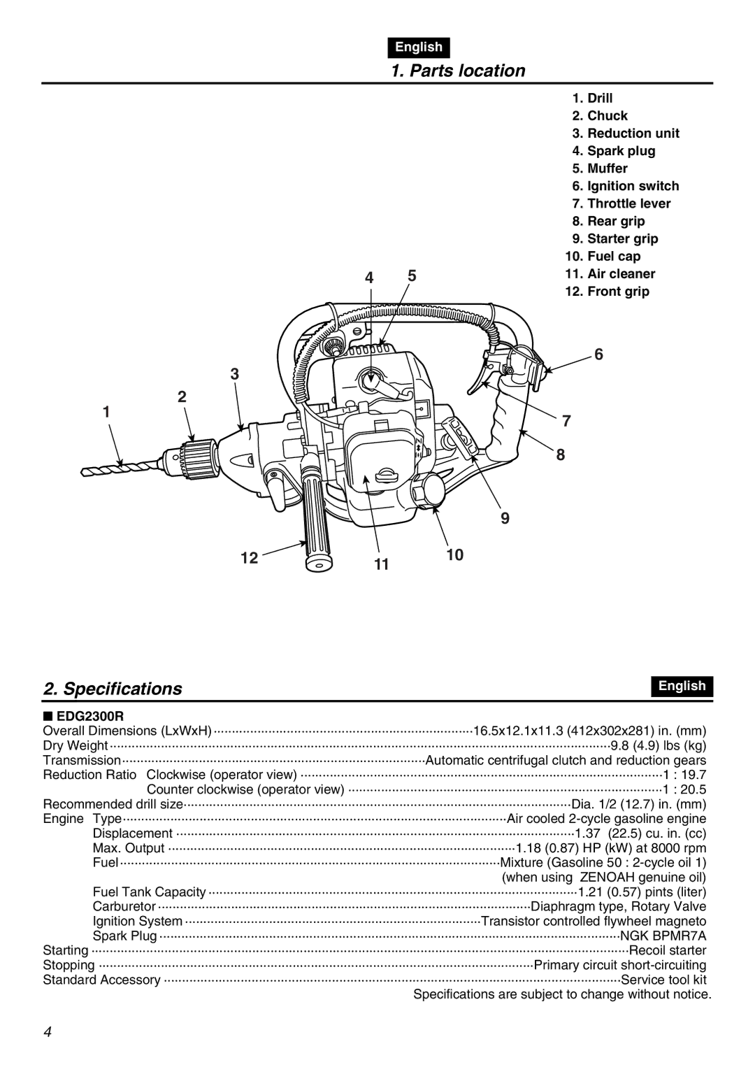 RedMax EDG2300R manual Parts location, Specifications 