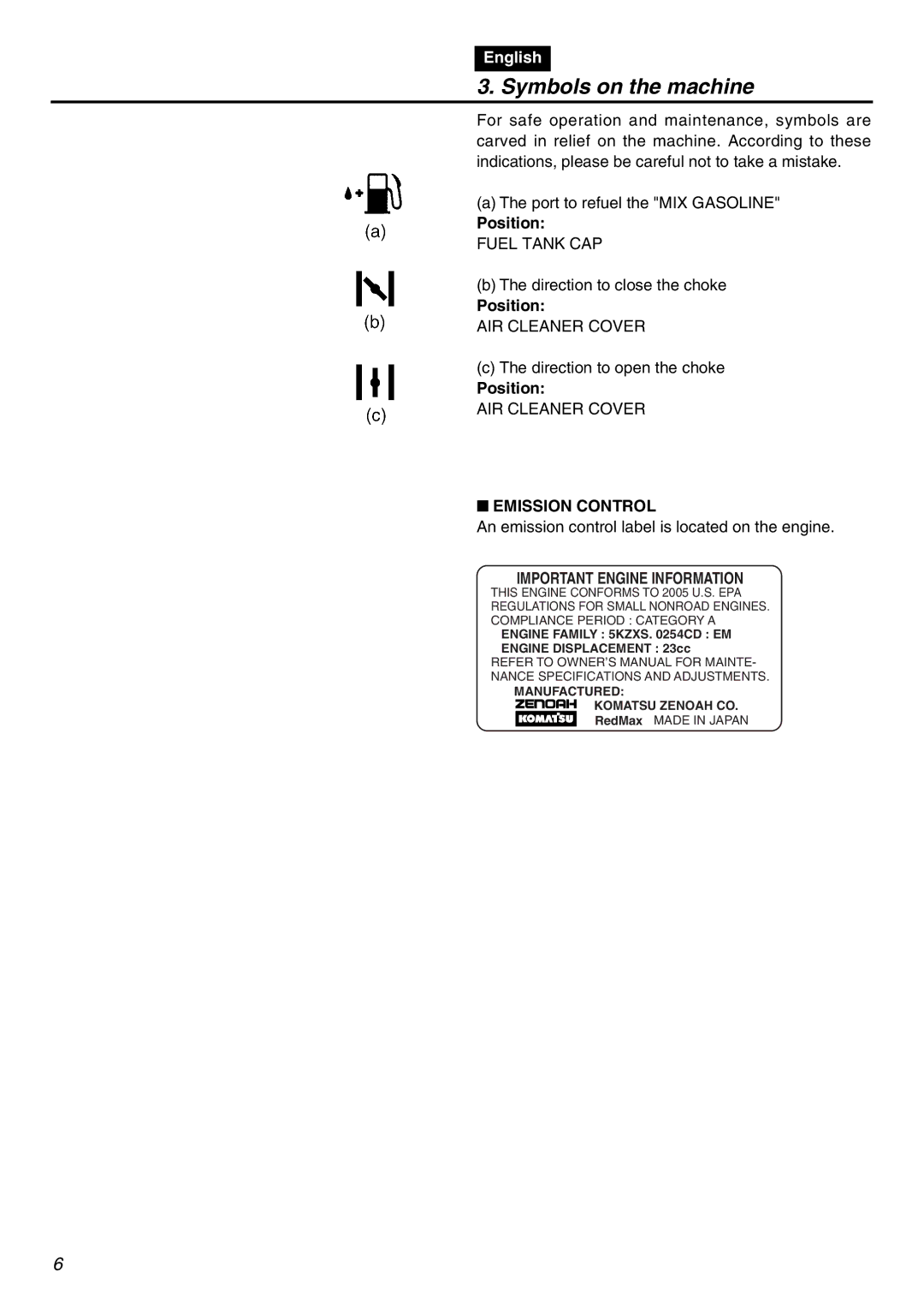 RedMax EDG2300R manual Symbols on the machine, Position, Emission Control, Important Engine Information 