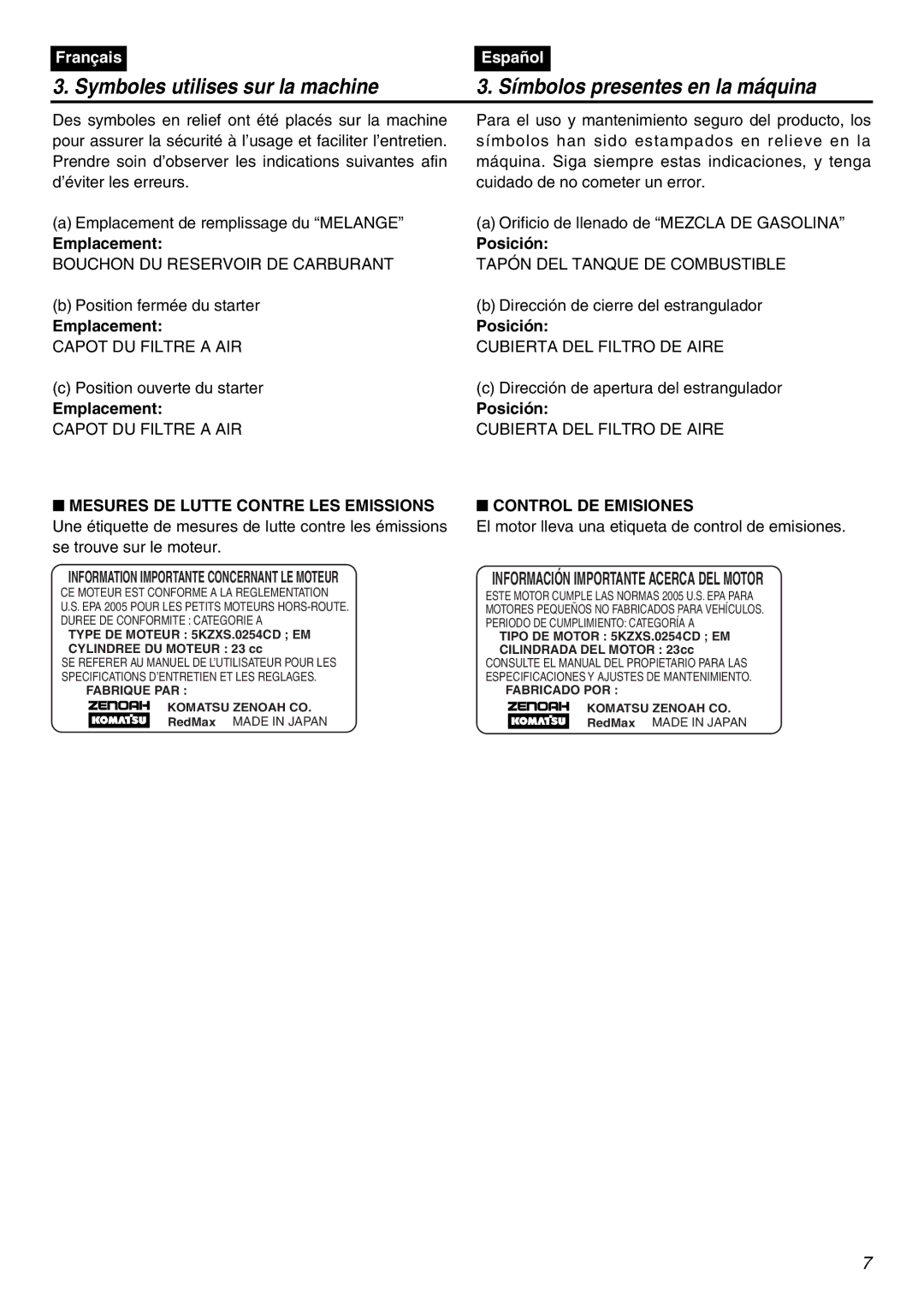 RedMax EDG2300R manual Emplacement, Posición, Control DE Emisiones, Information Importante Concernant LE Moteur 