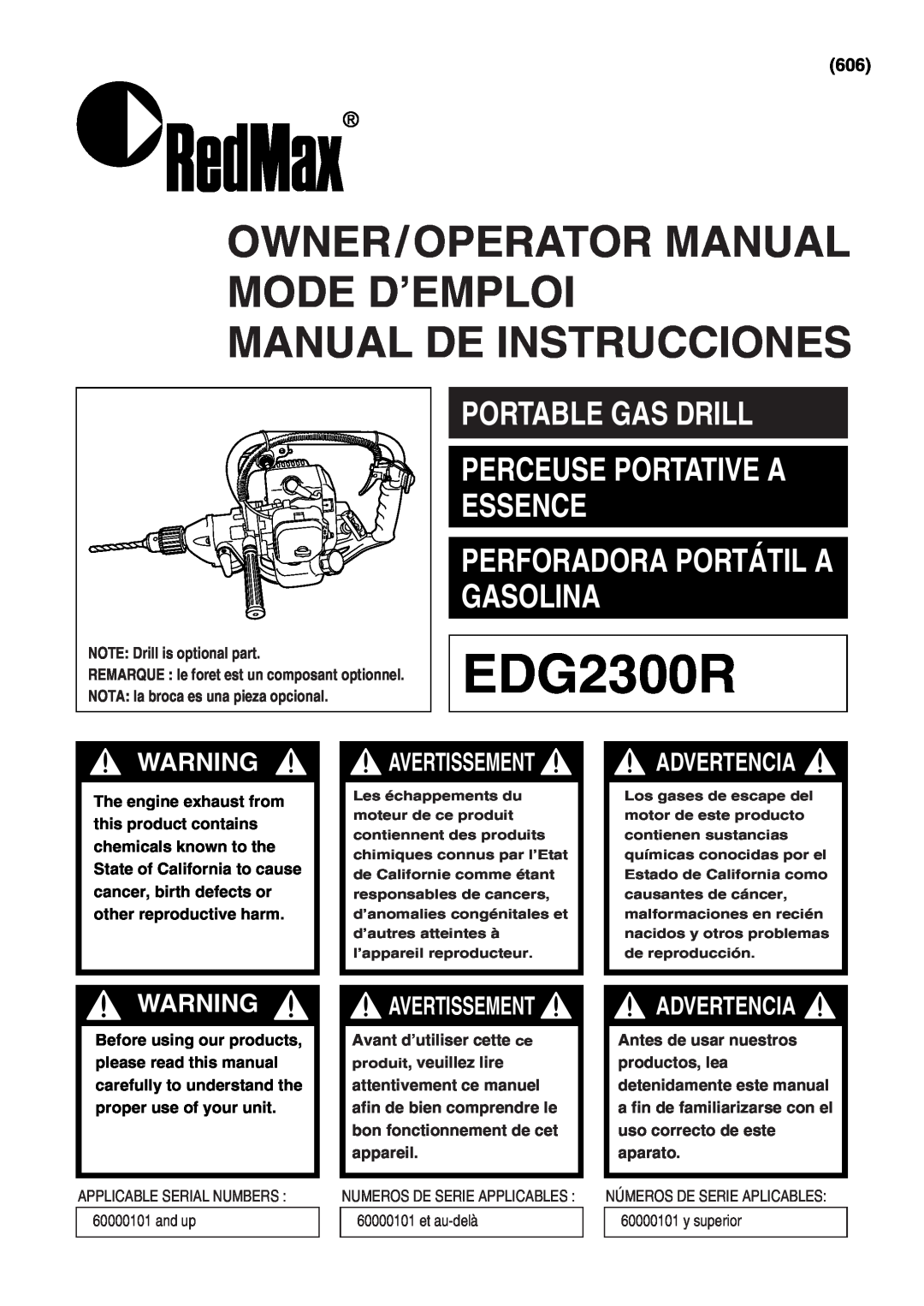 RedMax EDG2300R manual Advertencia, NOTE Drill is optional part, REMARQUE le foret est un composant optionnel 