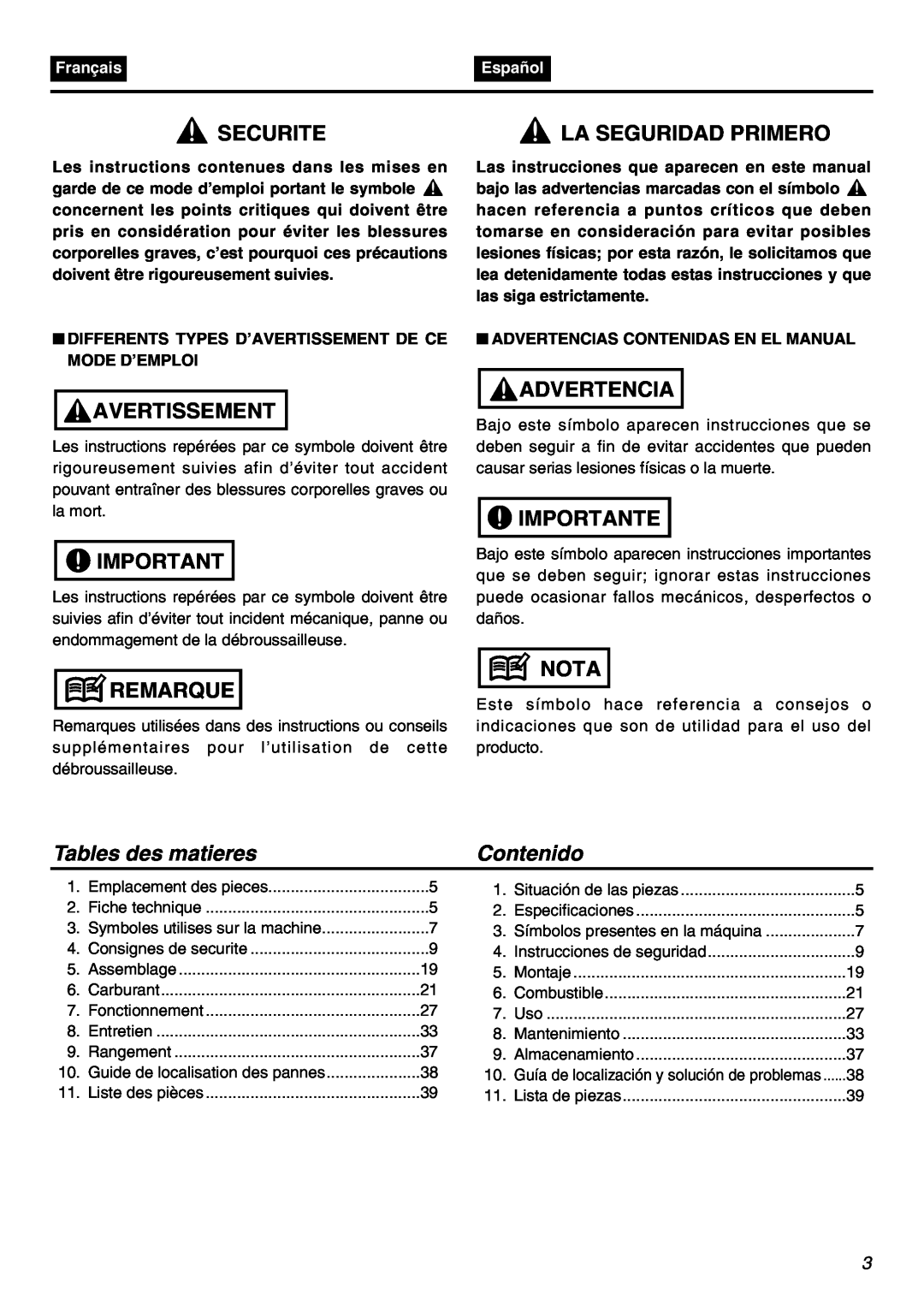 RedMax EDG2300R manual Securite, Avertissement, Remarque, Advertencia, Importante, Nota, Tables des matieres, Contenido 
