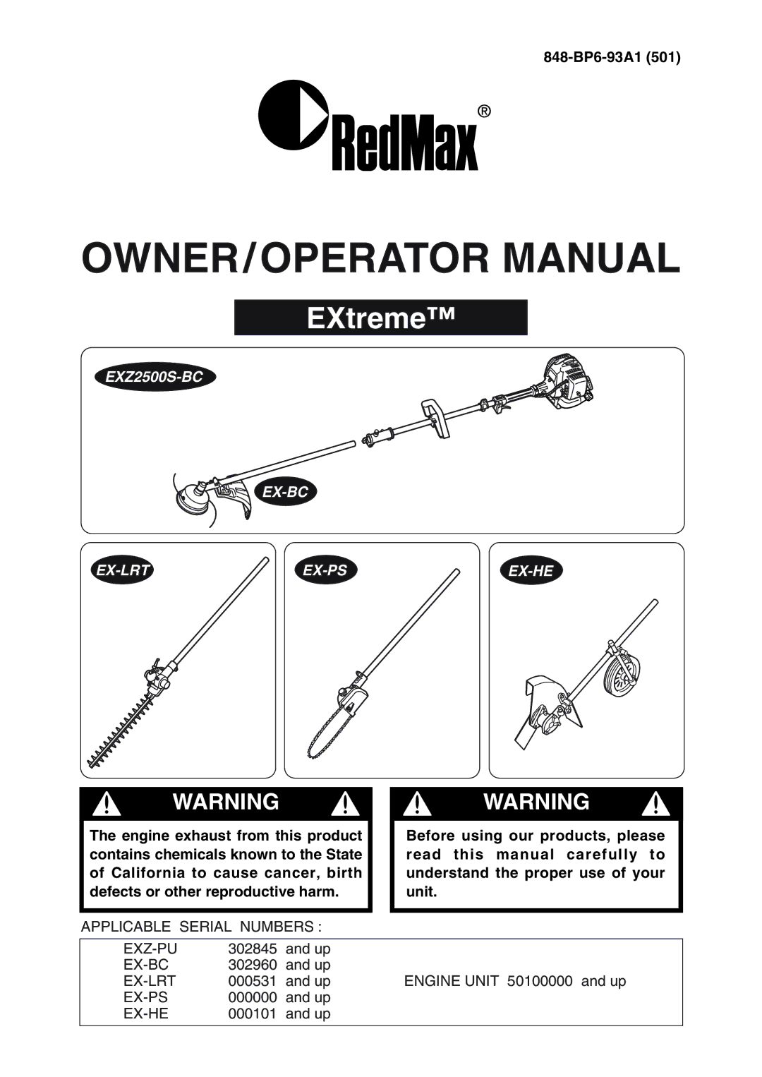 RedMax EX-BC manual OWNER/OPERATOR Manual, 848-BP6-93A1 