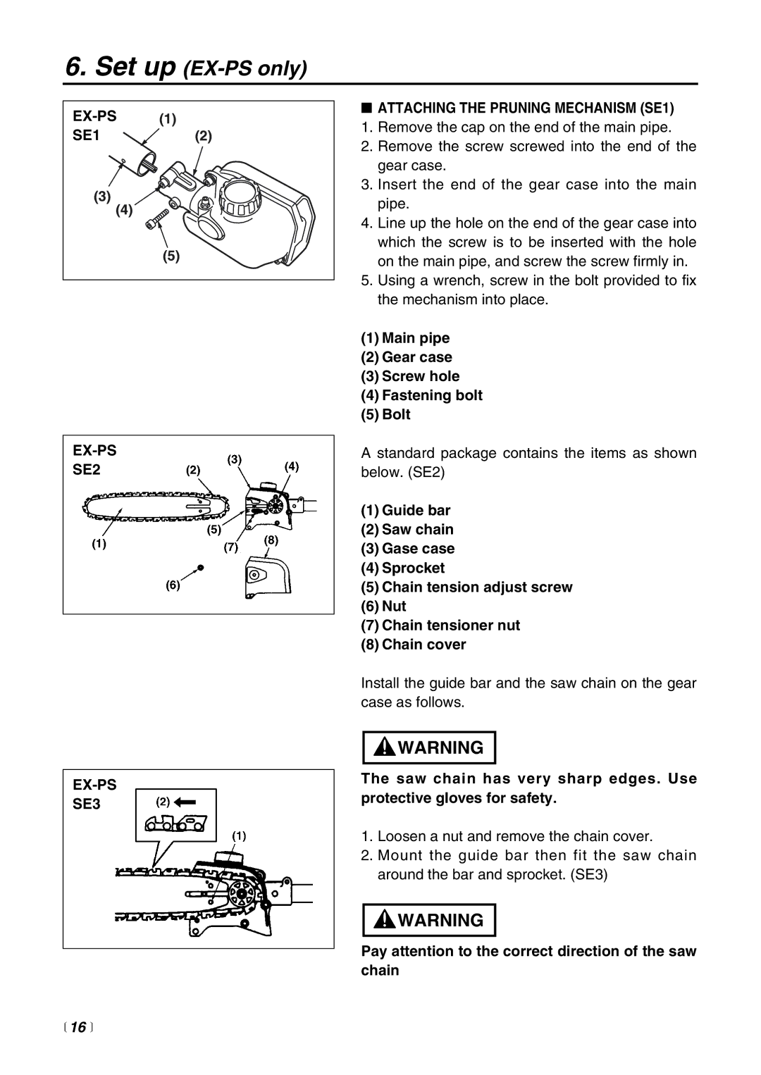 RedMax EX-BC manual EX-PS SE1 Attaching the Pruning Mechanism SE1, EX-PS SE2, EX-PS SE3,  16  