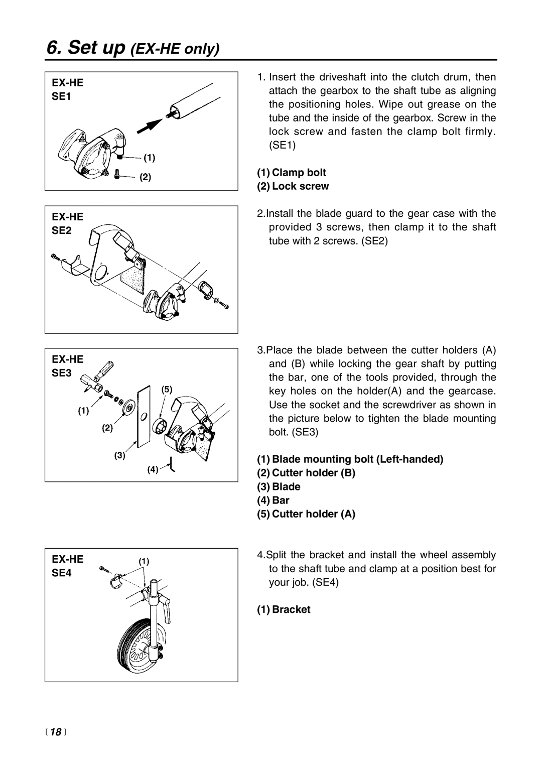 RedMax EX-BC manual EX-HE SE1 EX-HE SE2 EX-HE SE3 EX-HE SE4, Clamp bolt Lock screw, Bracket,  18  