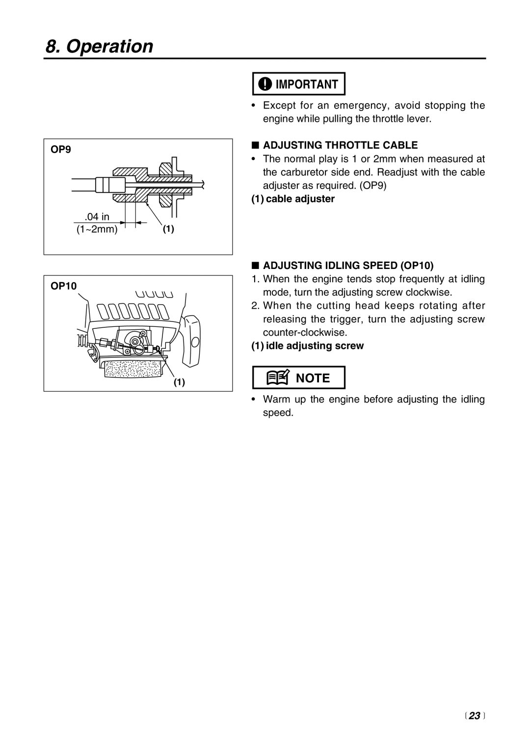 RedMax EX-BC manual OP9, Adjusting Throttle Cable, Adjusting Idling Speed OP10,  23  