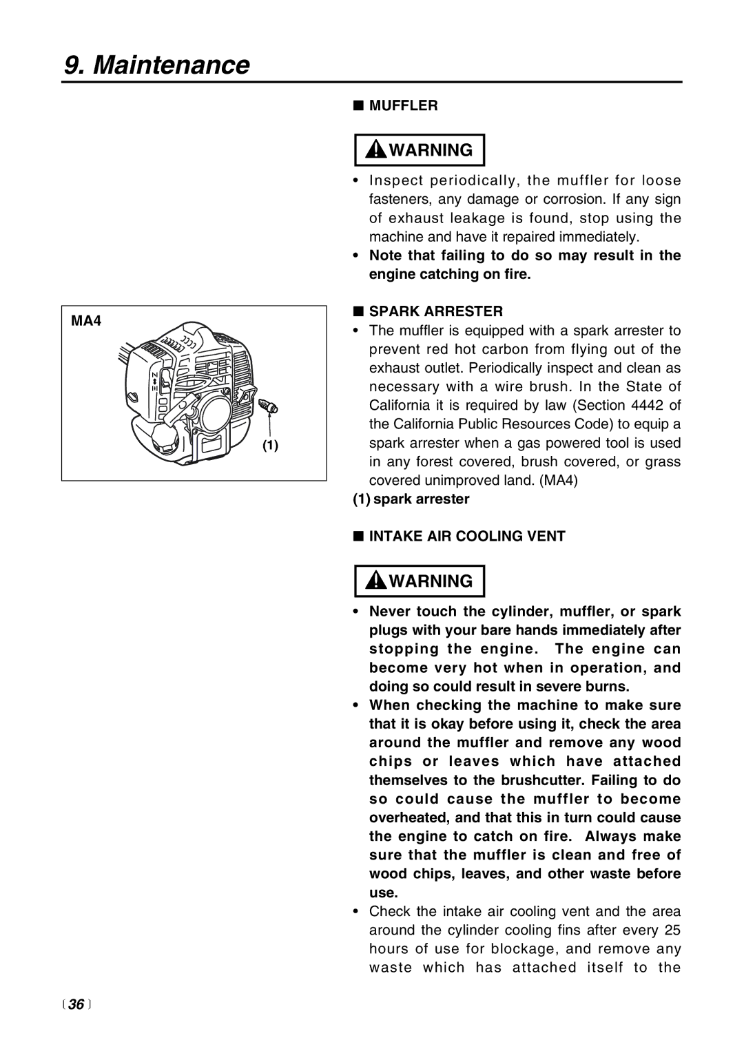 RedMax EX-BC manual MA4,  36 , Muffler, Spark Arrester, Intake AIR Cooling Vent 