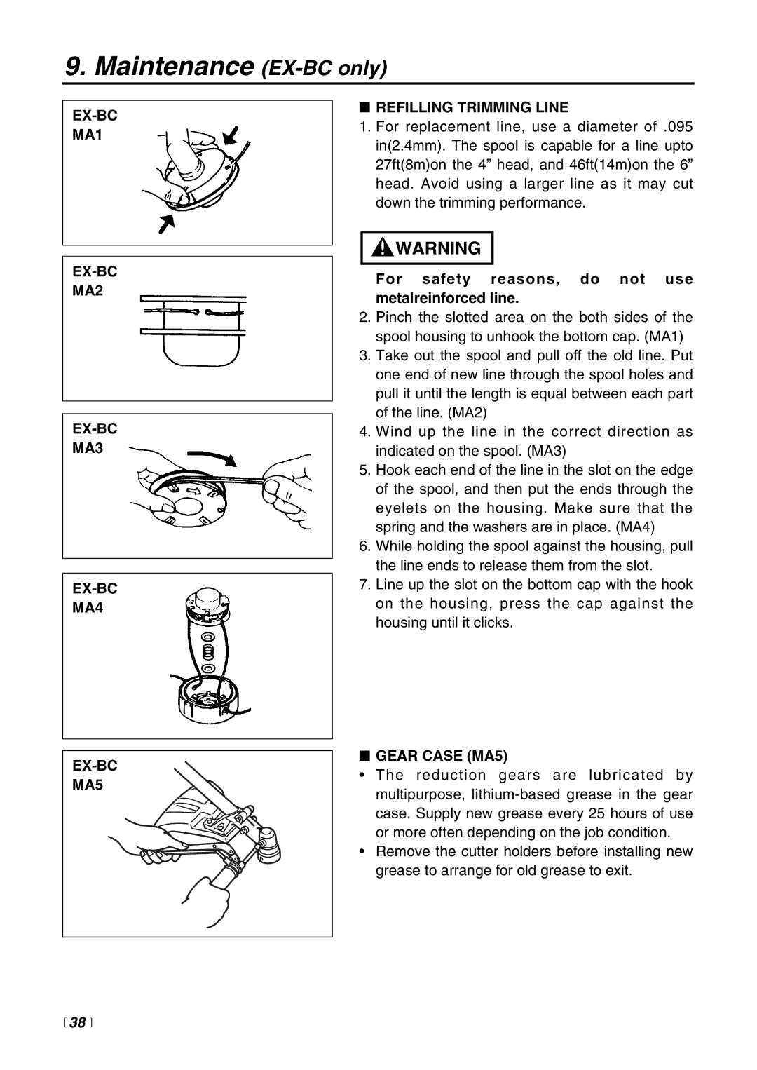 RedMax manual Maintenance EX-BC only, For safety reasons, do not use metalreinforced line, Gear Case MA5,  38  