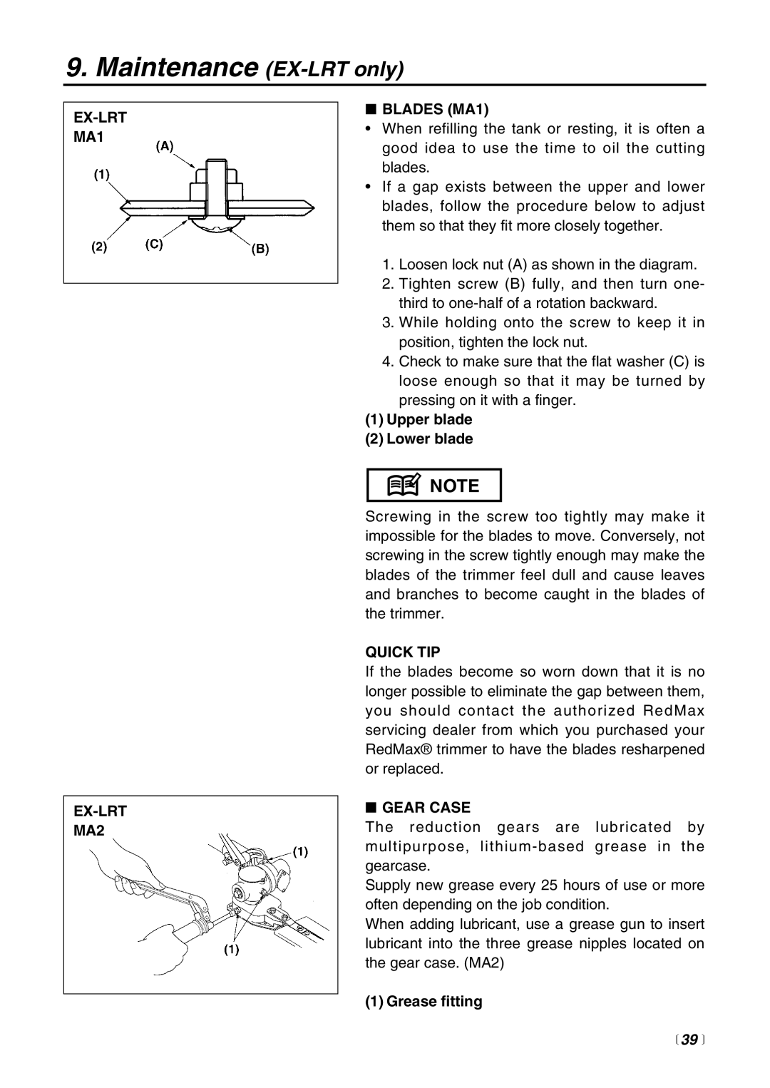 RedMax EX-BC manual EX-LRT MA1 EX-LRT MA2 Blades MA1, Upper blade Lower blade, Quick TIP, Gear Case, Grease fitting 