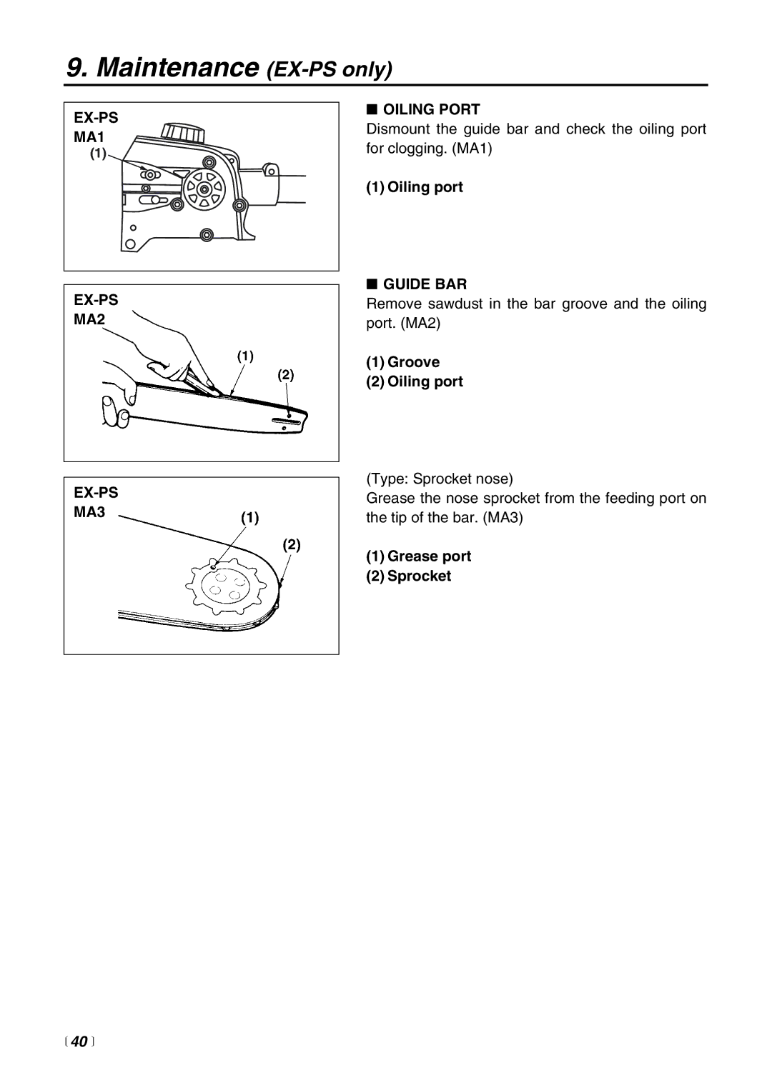 RedMax EX-BC manual Maintenance EX-PS only, EX-PS MA1 MA2 MA3 Oiling Port, Guide BAR,  40  