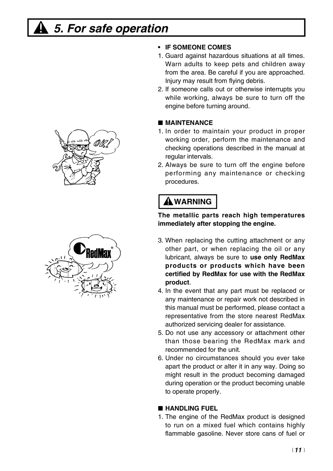 RedMax EX-HE, EXZ-PU, EX2-BC, EX-PS, EX-LRT manual If Someone Comes, Maintenance, Handling Fuel,  11  