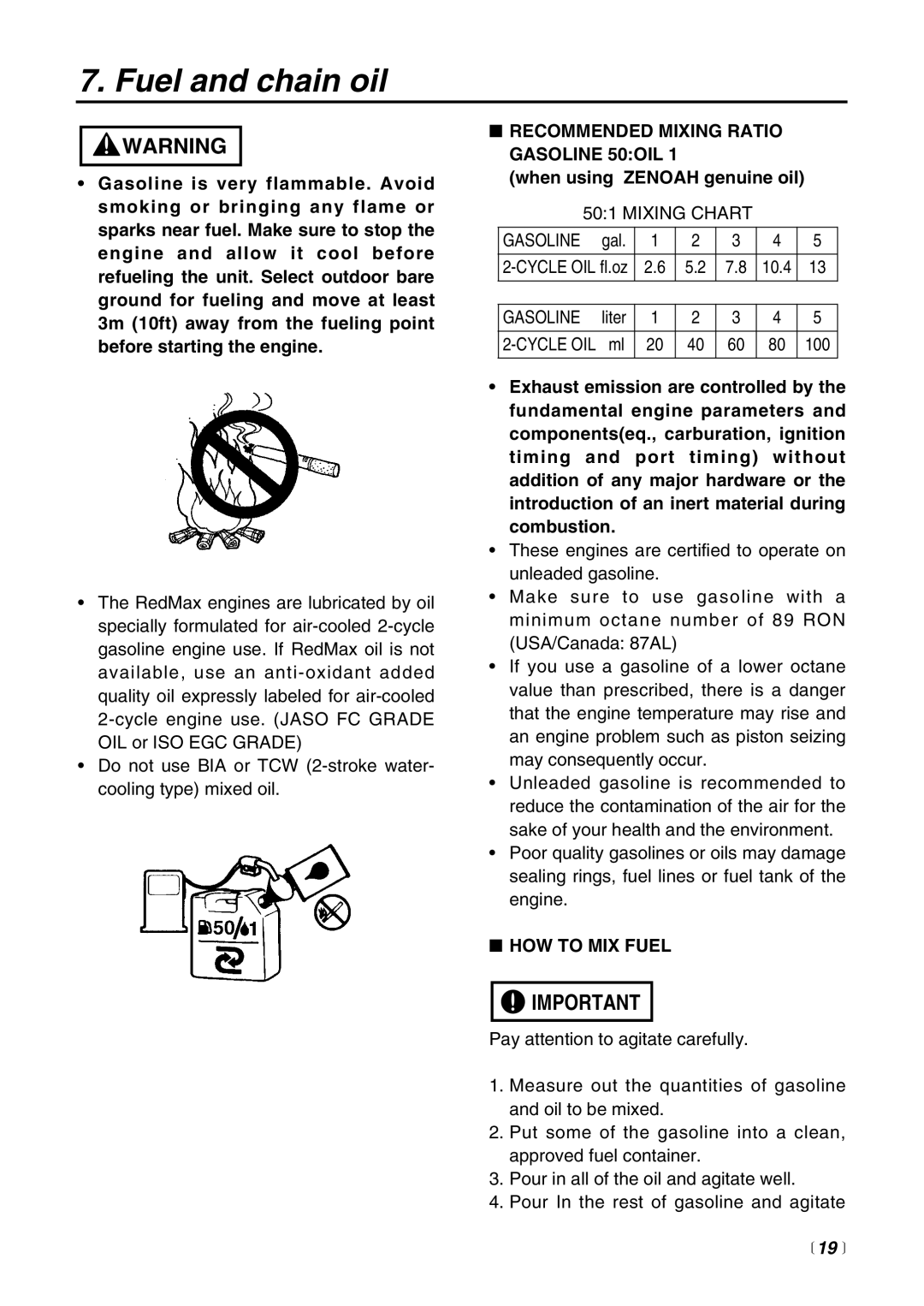 RedMax EX-LRT Fuel and chain oil, Recommended Mixing Ratio Gasoline 50OIL, When using Zenoah genuine oil, HOW to MIX Fuel 