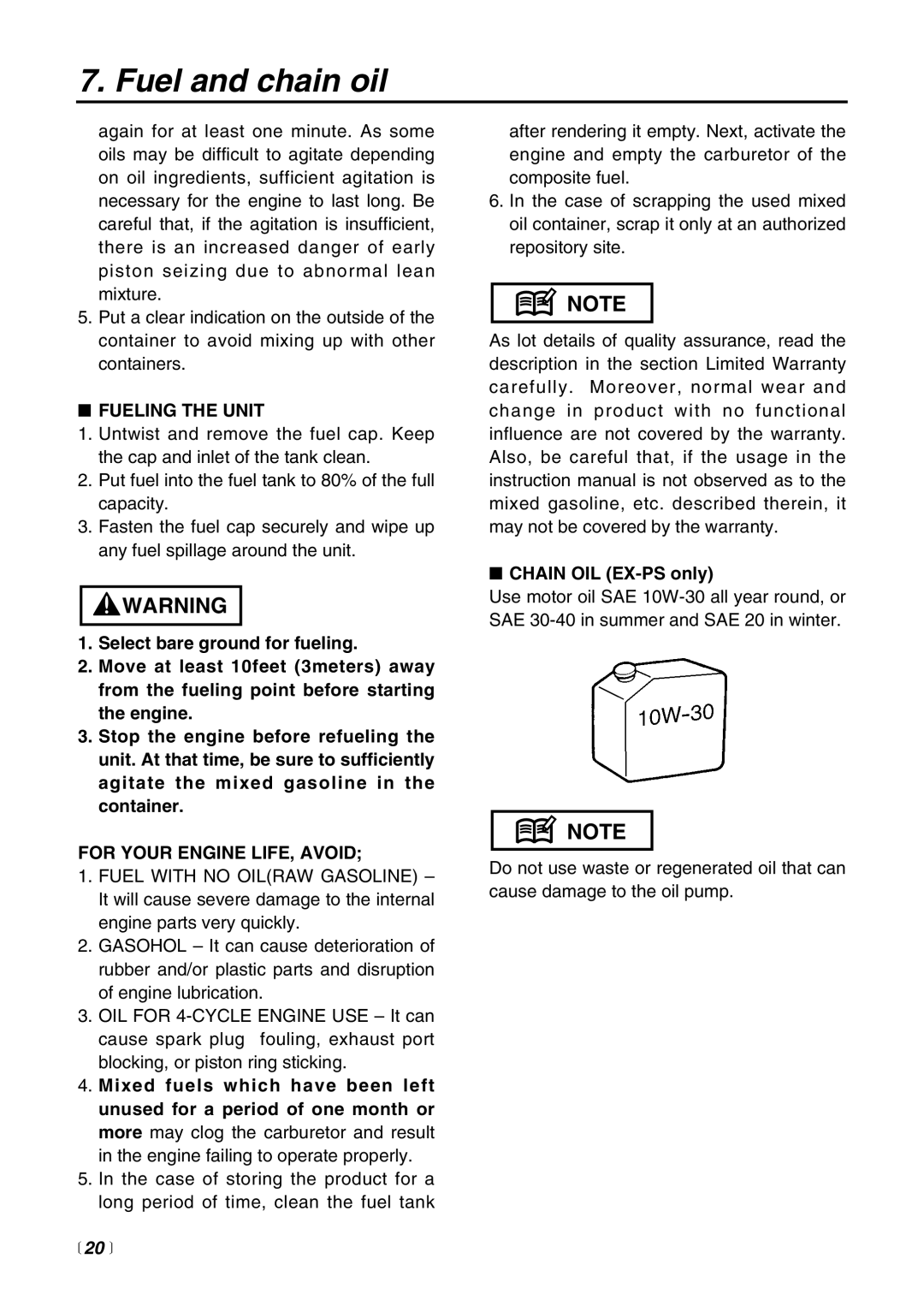 RedMax EXZ-PU, EX-HE, EX2-BC, EX-LRT manual Fueling the Unit, For Your Engine LIFE, Avoid,  20 , Chain OIL EX-PS only 