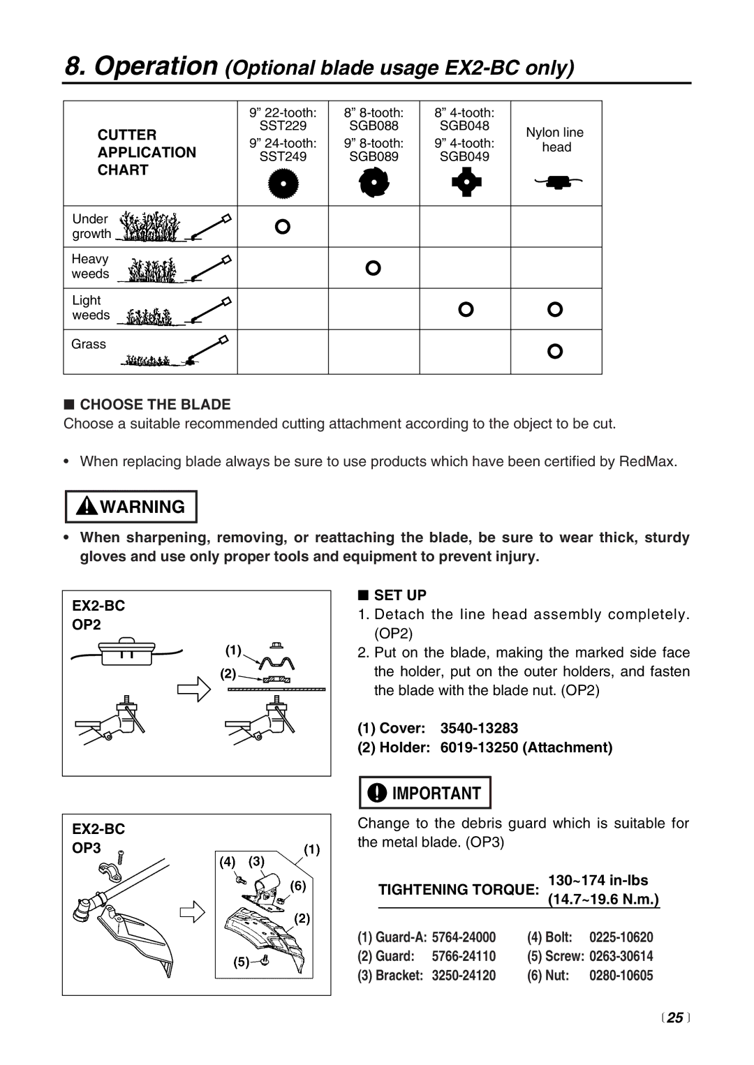 RedMax EXZ-PU, EX-HE, EX-PS, EX-LRT manual Operation Optional blade usage EX2-BC only,  25  