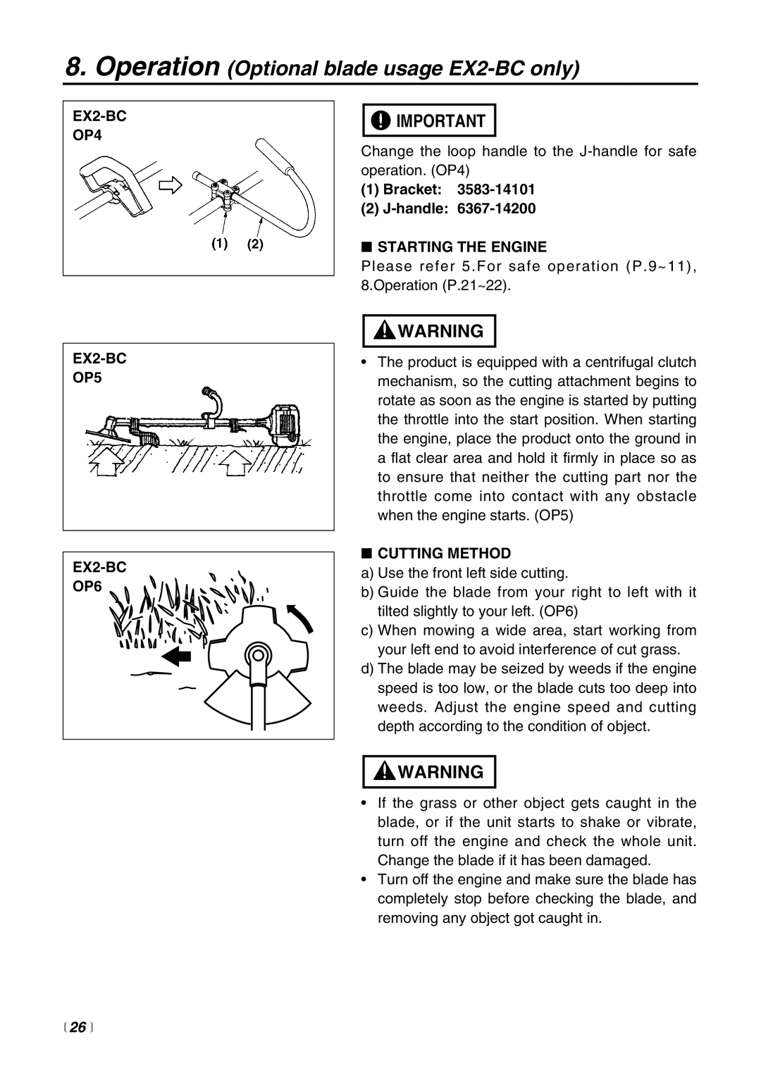 RedMax EX-HE, EXZ-PU, EX-PS, EX-LRT manual EX2-BC OP4 EX2-BC OP5 EX2-BC OP6, Bracket Handle, Cutting Method,  26  