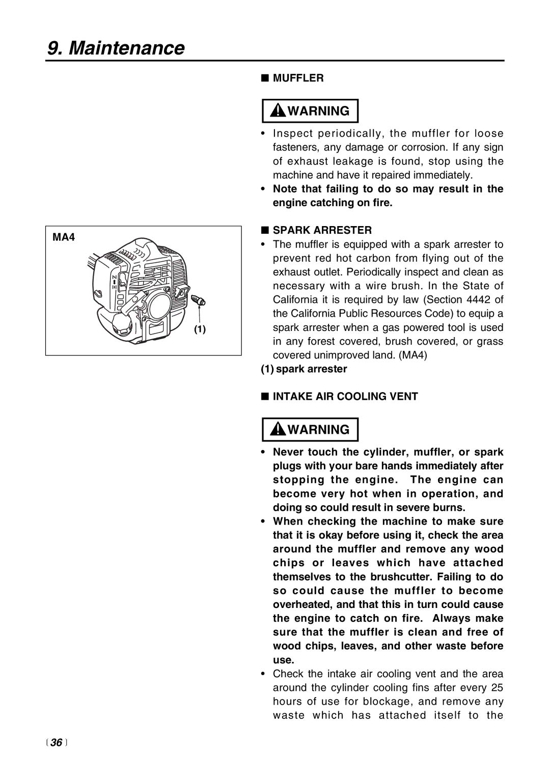 RedMax EX-HE, EXZ-PU, EX2-BC, EX-PS, EX-LRT manual MA4,  36 , Muffler, Spark Arrester, Intake AIR Cooling Vent 