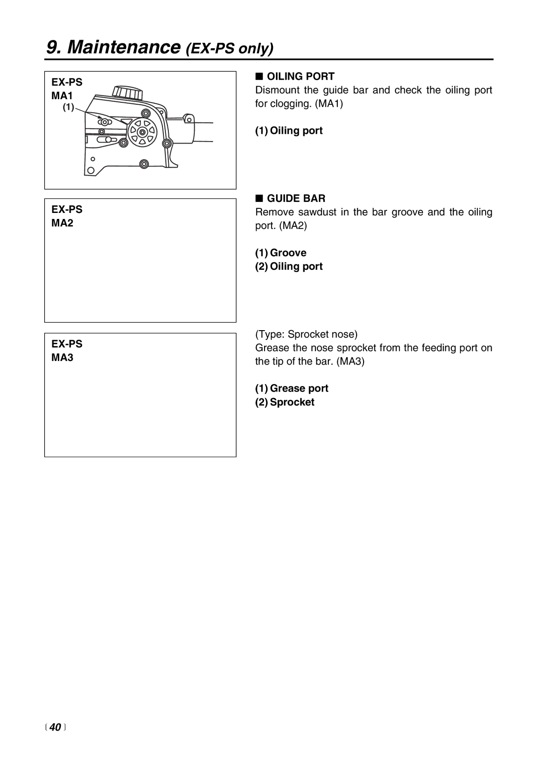 RedMax EXZ-PU, EX-HE, EX2-BC, EX-LRT manual Maintenance EX-PS only, EX-PS MA1 MA2 MA3 Oiling Port, Guide BAR,  40  