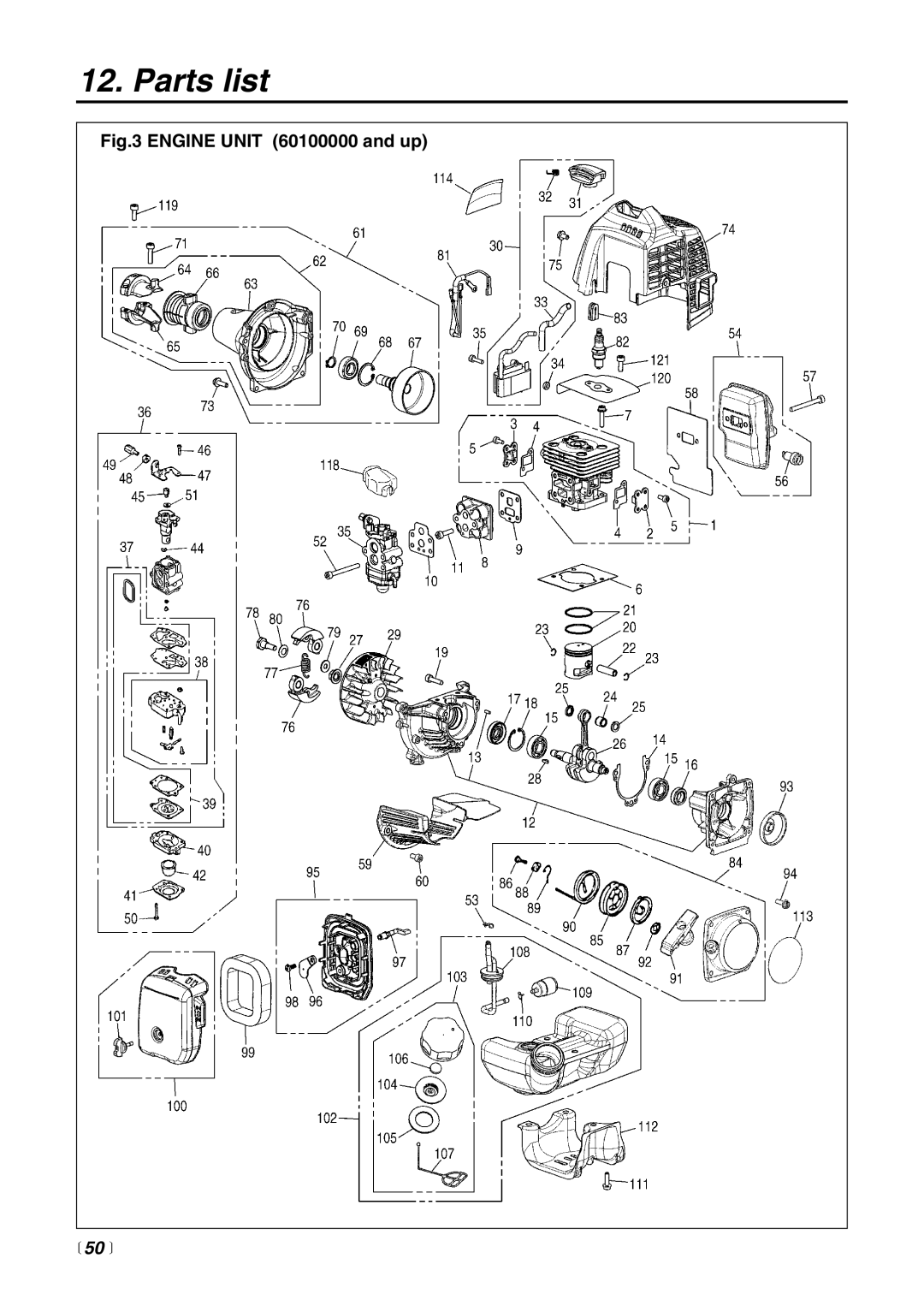 RedMax EXZ-PU, EX-HE, EX2-BC, EX-PS, EX-LRT manual Engine Unit 60100000 and up,  50  