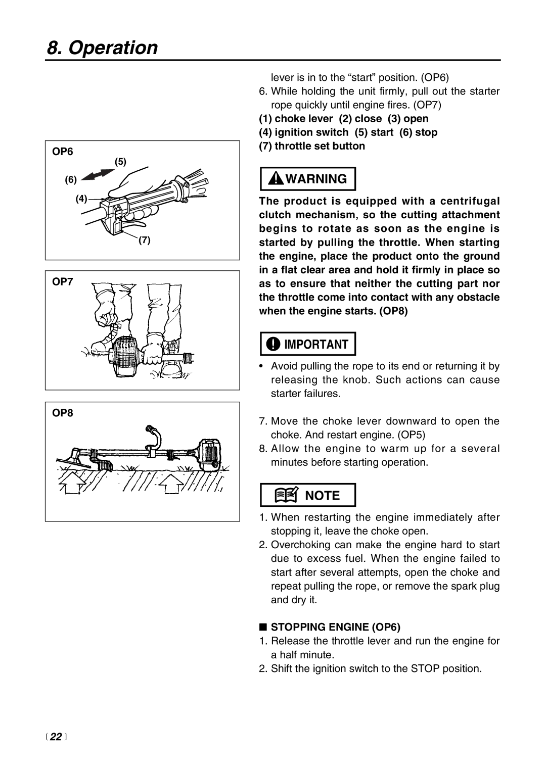 RedMax EXZ2401S-BC manual OP6 OP7 OP8, Stopping Engine OP6,  22  