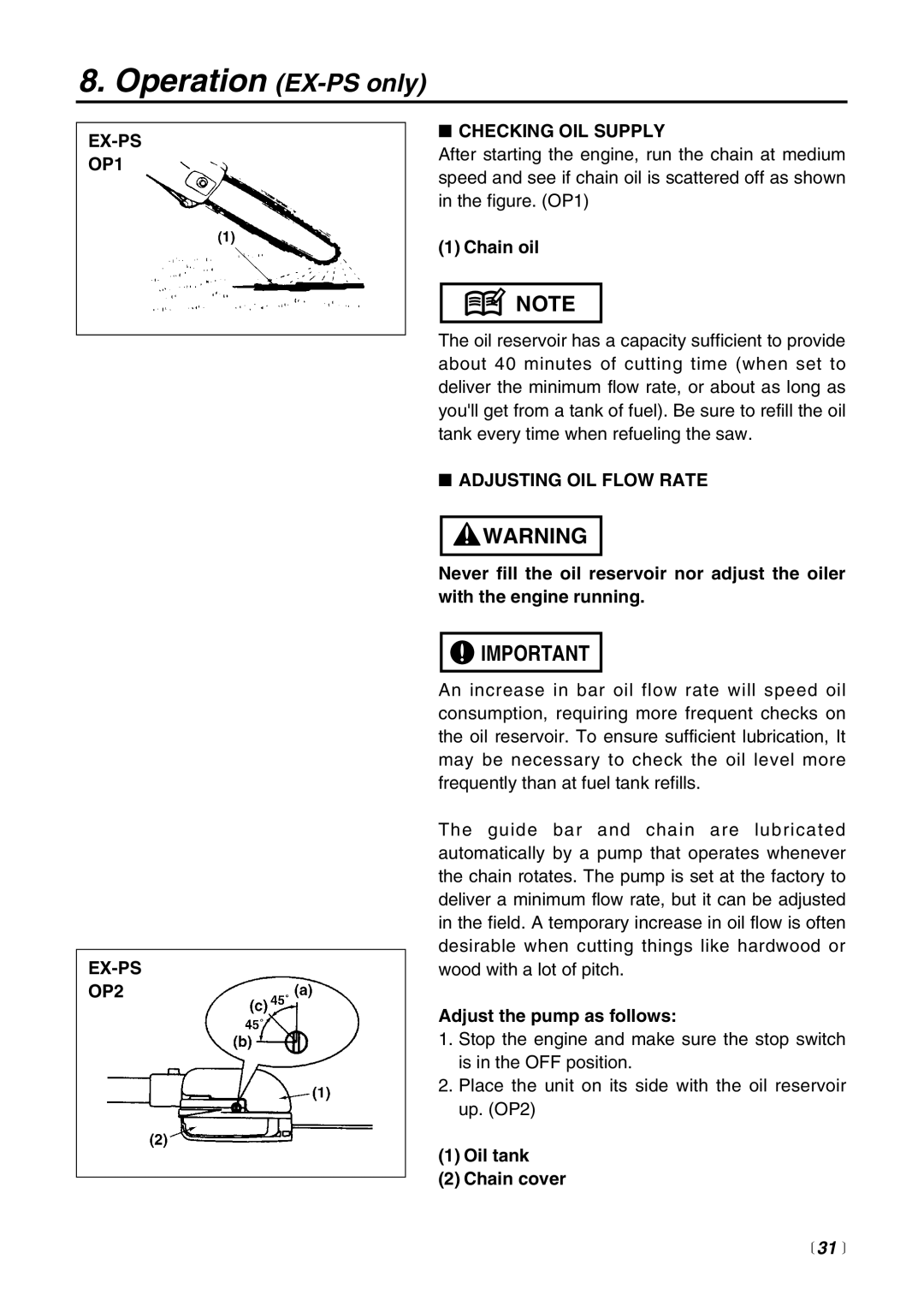 RedMax EXZ2401S-BC manual Operation EX-PS only, EX-PS OP1 EX-PS OP2 Checking OIL Supply, Adjusting OIL Flow Rate,  31  