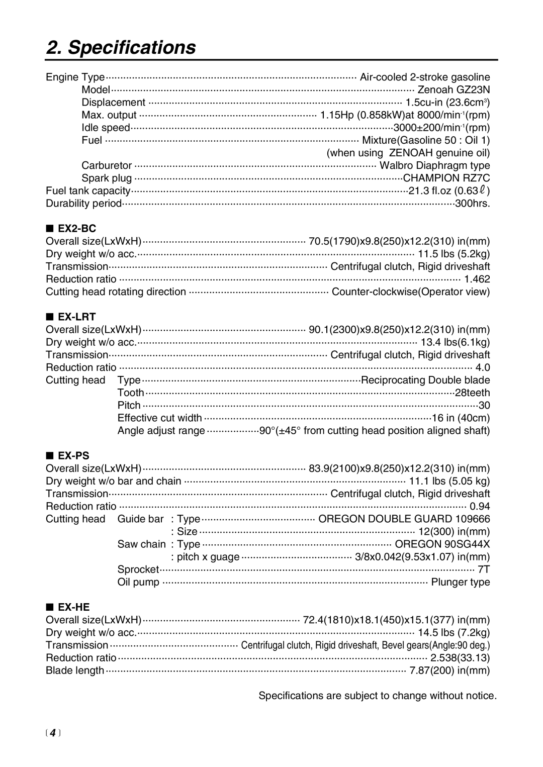 RedMax EXZ2401S-BC manual Specifications, Ex-Lrt, Ex-Ps, Ex-He,  4  