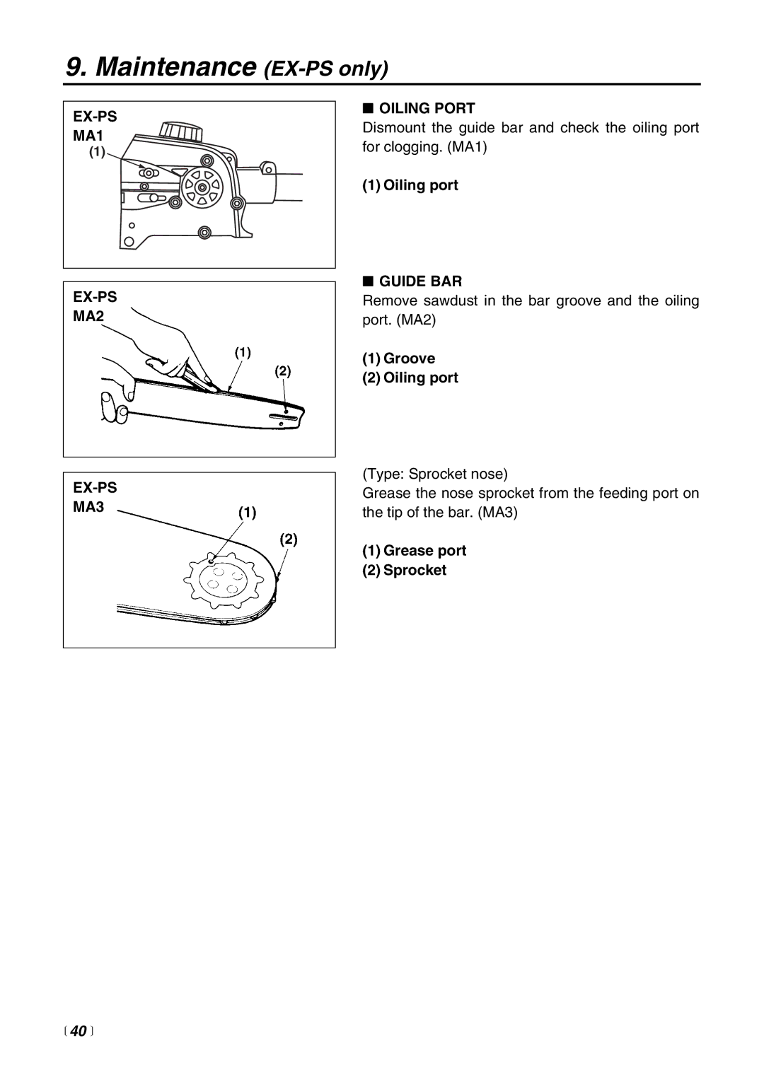 RedMax EXZ2401S-BC manual Maintenance EX-PS only, EX-PS MA1 MA2 MA3 Oiling Port, Guide BAR,  40  