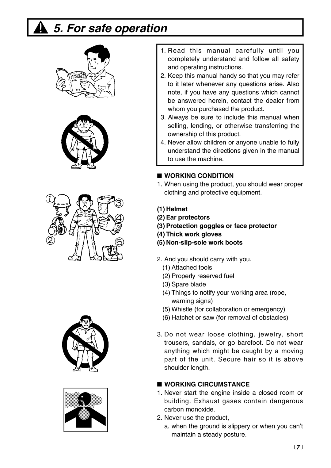 RedMax EXZ2401S-BC manual For safe operation, Working Condition, Working Circumstance,  7  