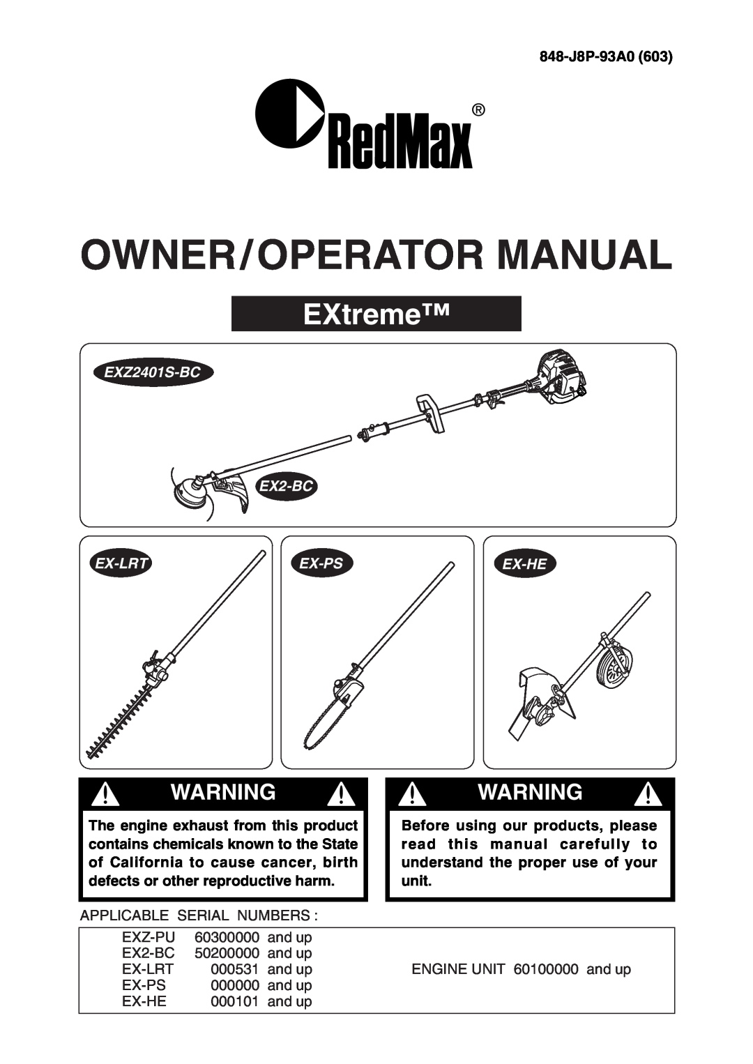RedMax manual EXtreme, EXZ2401S-BC EX2-BC, Ex-Lrt, Ex-Ps, Ex-He, Owner/Operator Manual, Warning Warning 