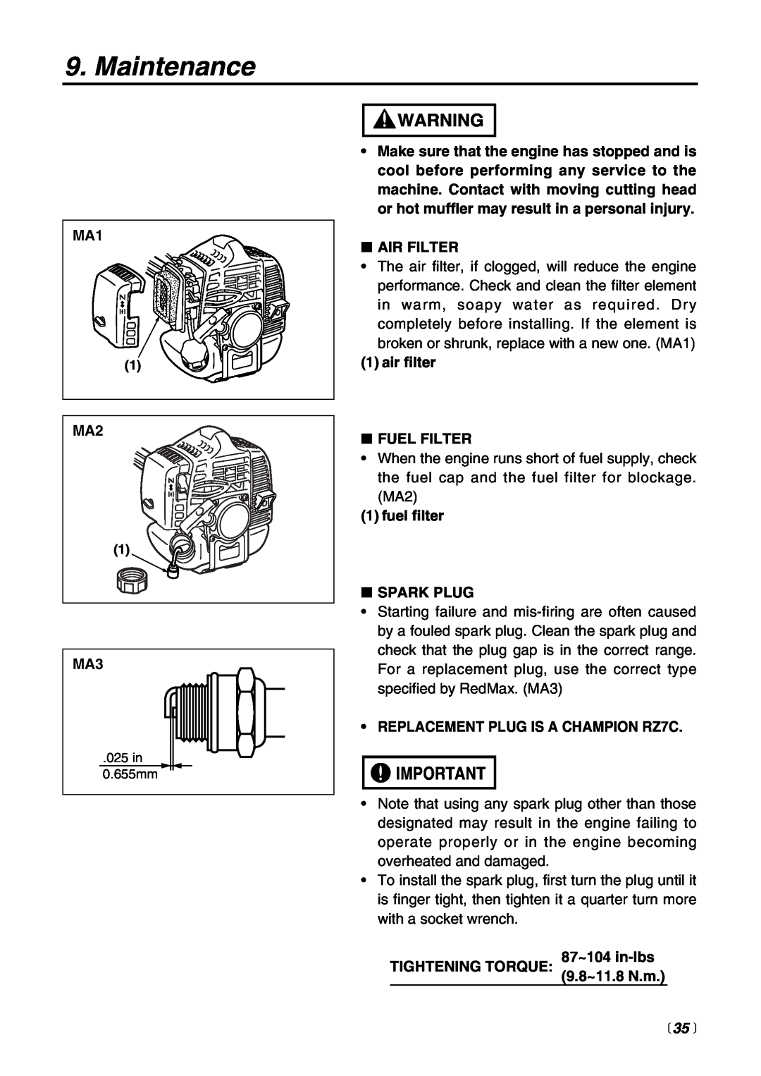 RedMax EXZ2401S-BC manual  35 , Maintenance, Air Filter 
