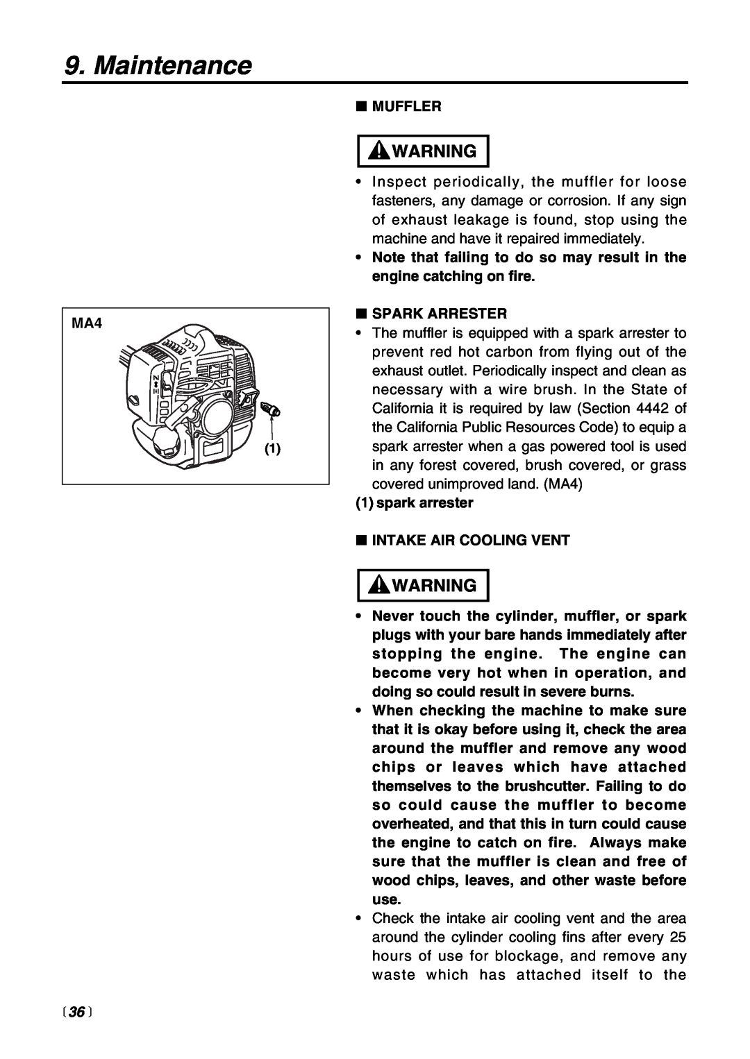 RedMax EXZ2401S-BC manual  36 , Maintenance, Muffler 