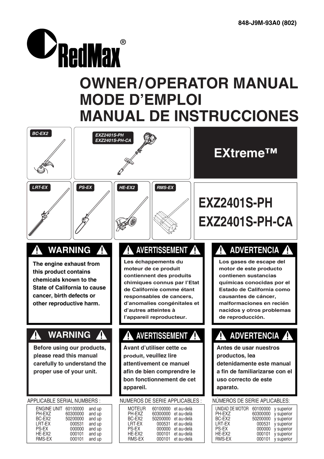 RedMax EXZ2401S-PH-CA manual OWNER/OPERATOR Manual Mode D’EMPLOI Manual DE Instrucciones 