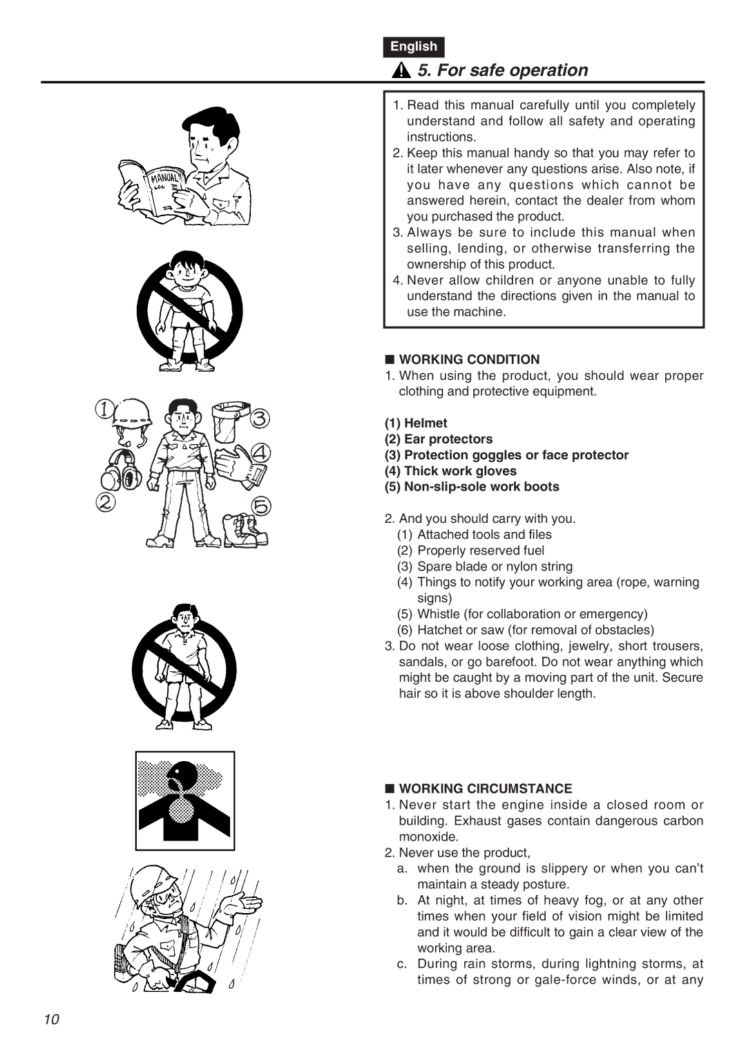 RedMax EXZ2401S-PH-CA manual For safe operation, Working Condition, Working Circumstance 